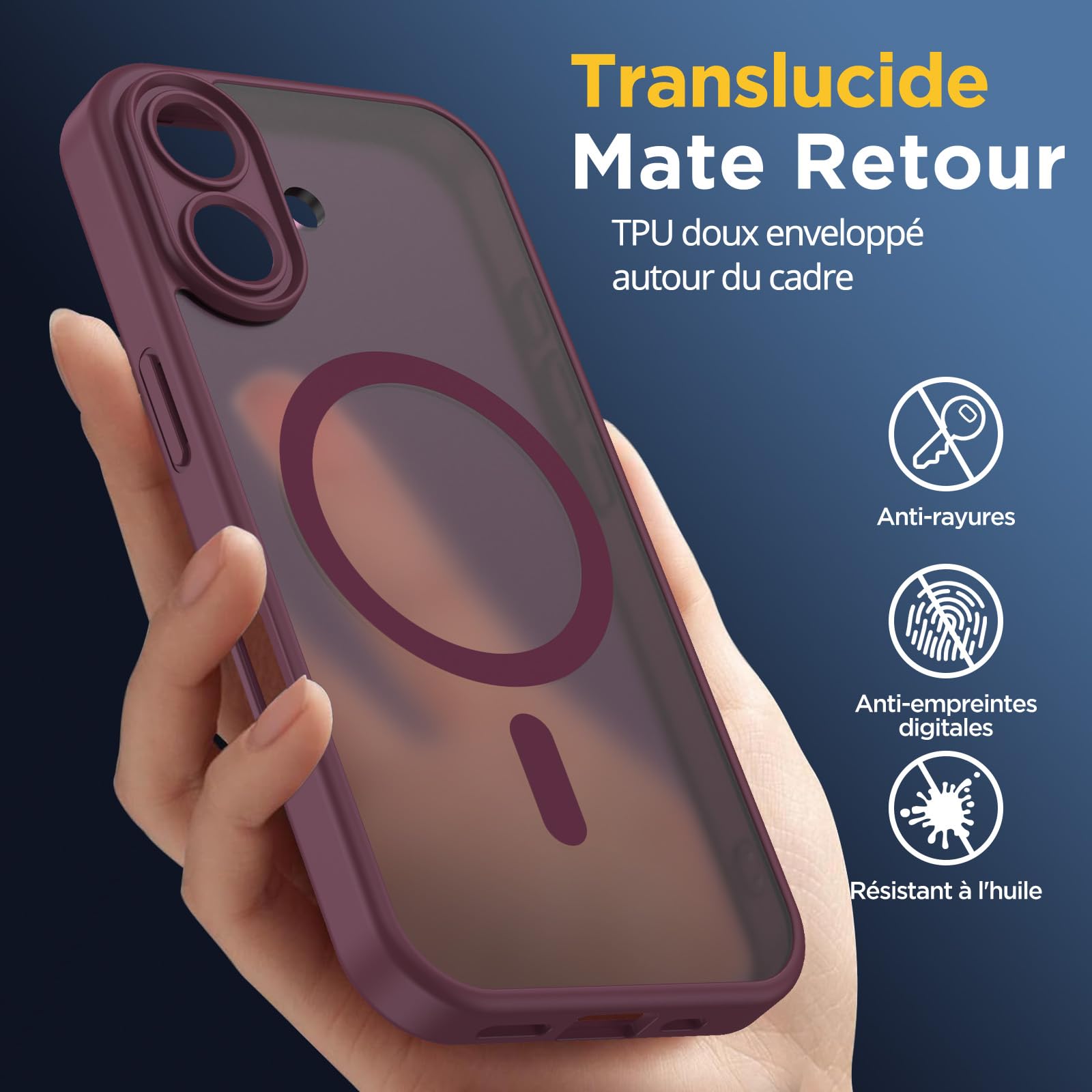 Oududianzi-Coque pour iPhone 17 Compatible avec MagSafe Magnétique, Housse de Arrière Translucide Givrée PC, TPU Silicone Bumper Étui Protection Antichoc Militaire Anti-Empreintes-Bordeaux
