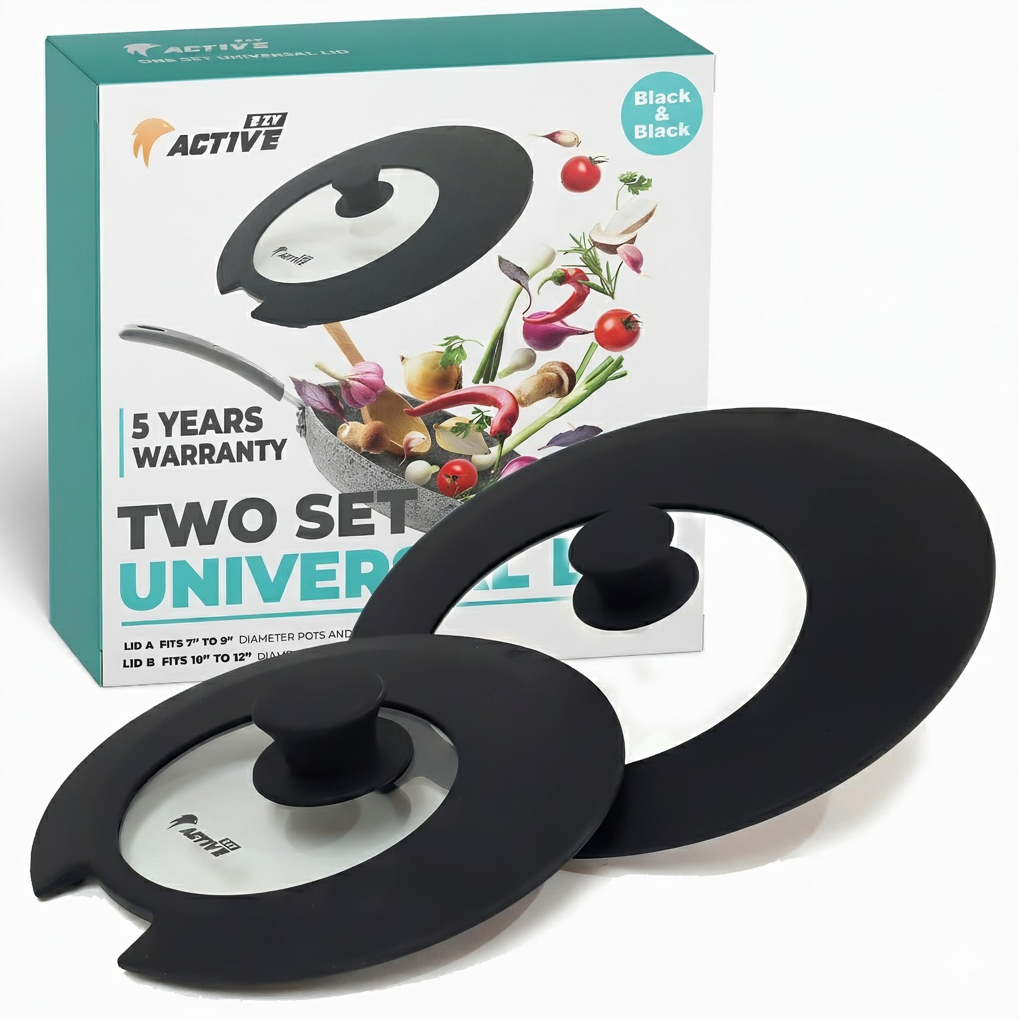 - 2-Pack Universal Silicone Lids for Pots and Pans - Replacement Pan Covers Fit 7-12 Inch Frying Pans and Pots, Black & Black