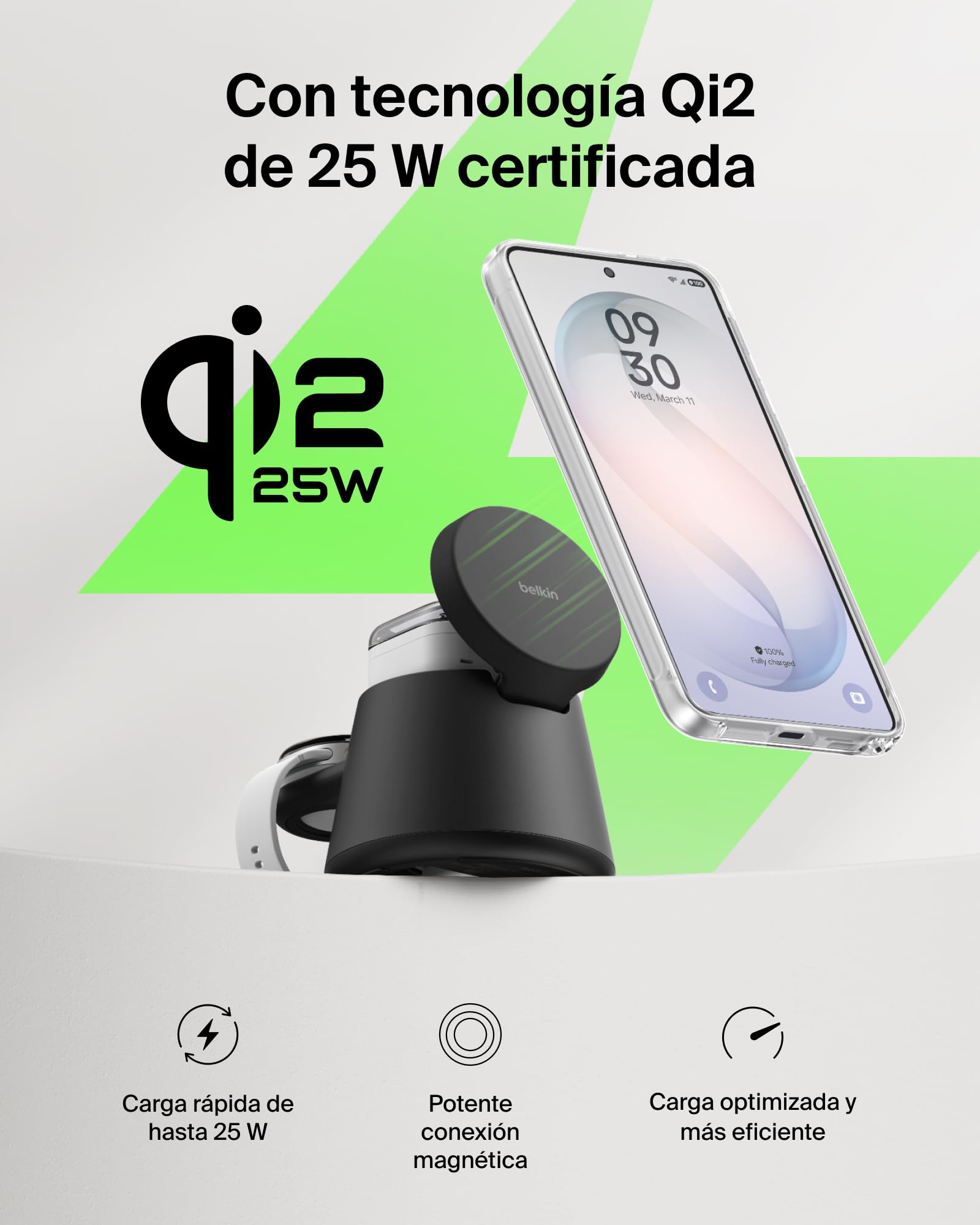 Belkin UltraCharge Pro Cargador Inalámbrico Magnético 3 en 1 Qi2 25W Negro | Estación de Carga Inalámbrica, Puerto USB-C y Certificación Qi2.2, iPhone, Galaxy, Auriculares y Reloj, Adaptador 45W