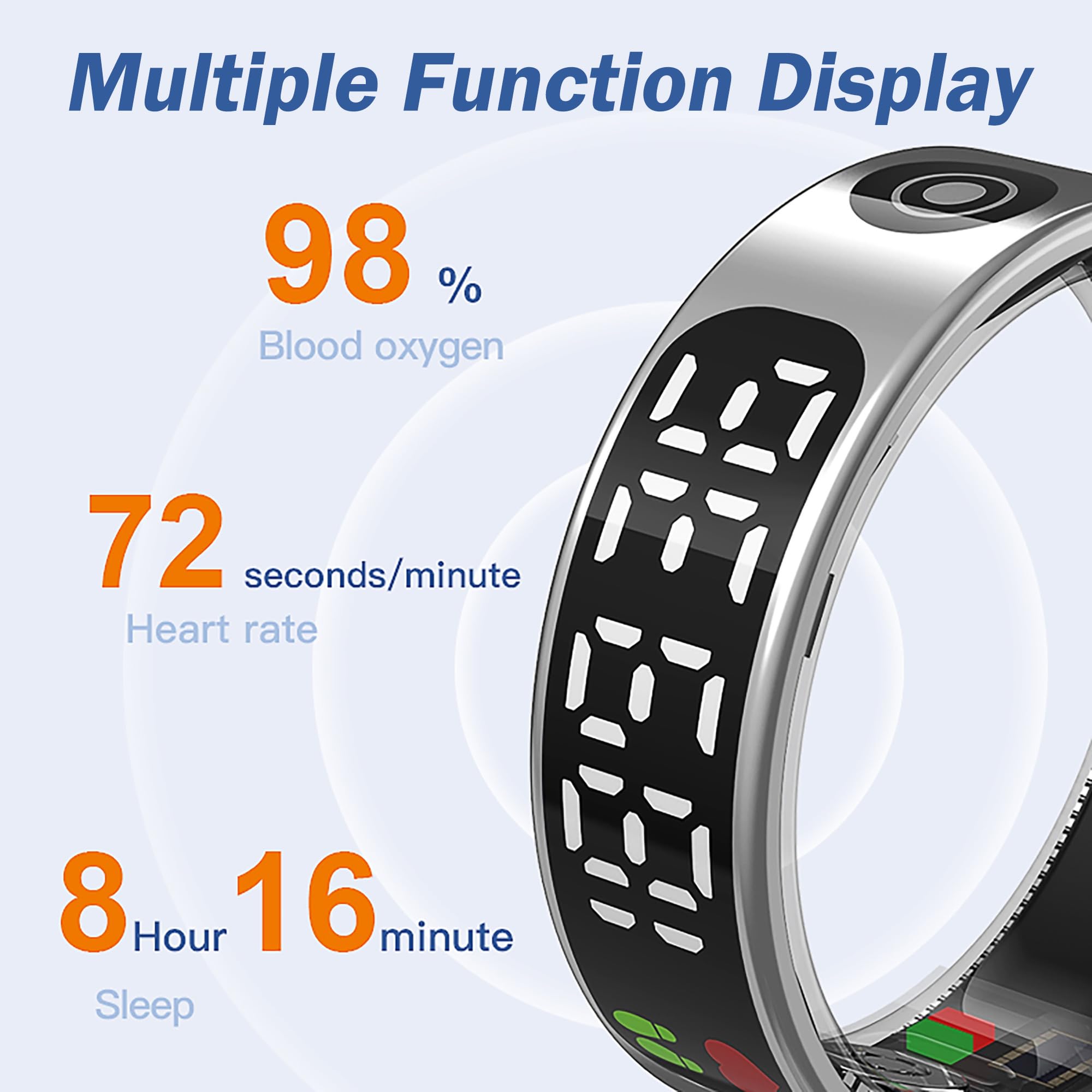 Smart Ring Health Tracker Touchable Screen Data Display Fitness Ring with Heart Rate Monitoring Sleep Tracking Exercise Tracker Long Battery Life Smart Rings for Android iOS Phones Wireless Charging