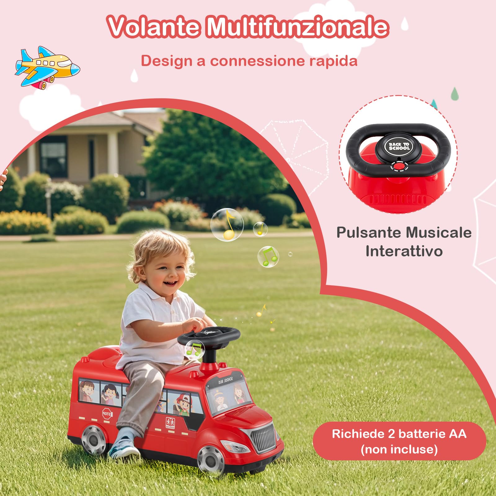 COSTWAY Auto a Spinta per Bambini, Autobus da Passeggio con Pulsante Musicale Comparto di Stoccaggio Blocco Antiribaltamento, Ideale per Bambini 19-36 Mesi
