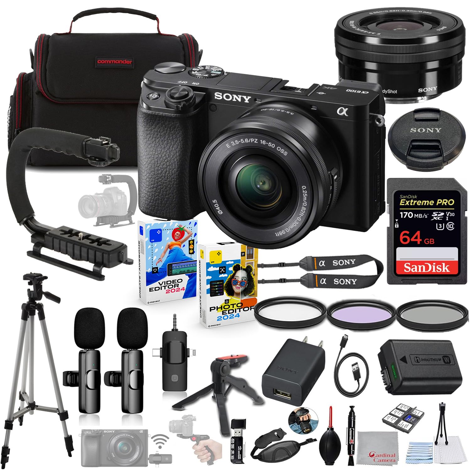 Sony a6100 Mirrorless Camera with 16-50mm Lens Bundle + Wireless Microphone System + Accessory Package Including 64GB Extreme Memory, U-Grip, Case, Tripod, Software and More (30 Items)