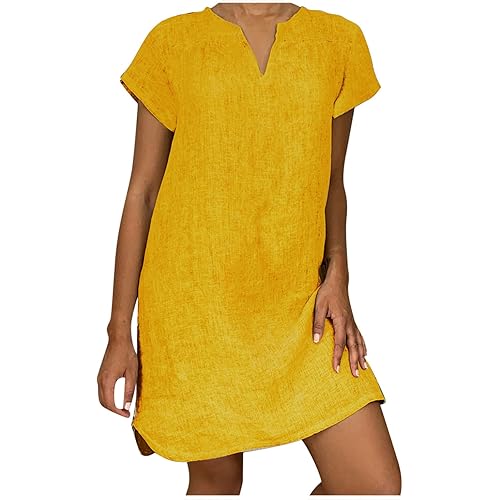 Women's Summer Cotton Linen Dress Loose V-Neck Short Sleeve T-Shirt Dress Solid Beach Dress Casual Maxi Dresses