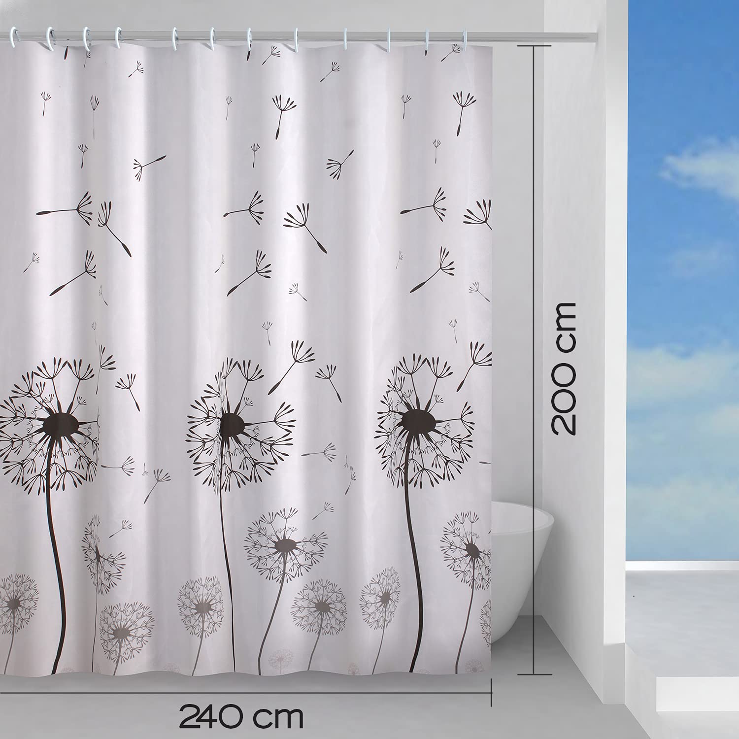 Tenda Da Doccia Gedy G-Desiderio 240x200cm - PES Impermeabile, Design Bianco/Nero, 12 Anelli, Garanzia 2 Anni