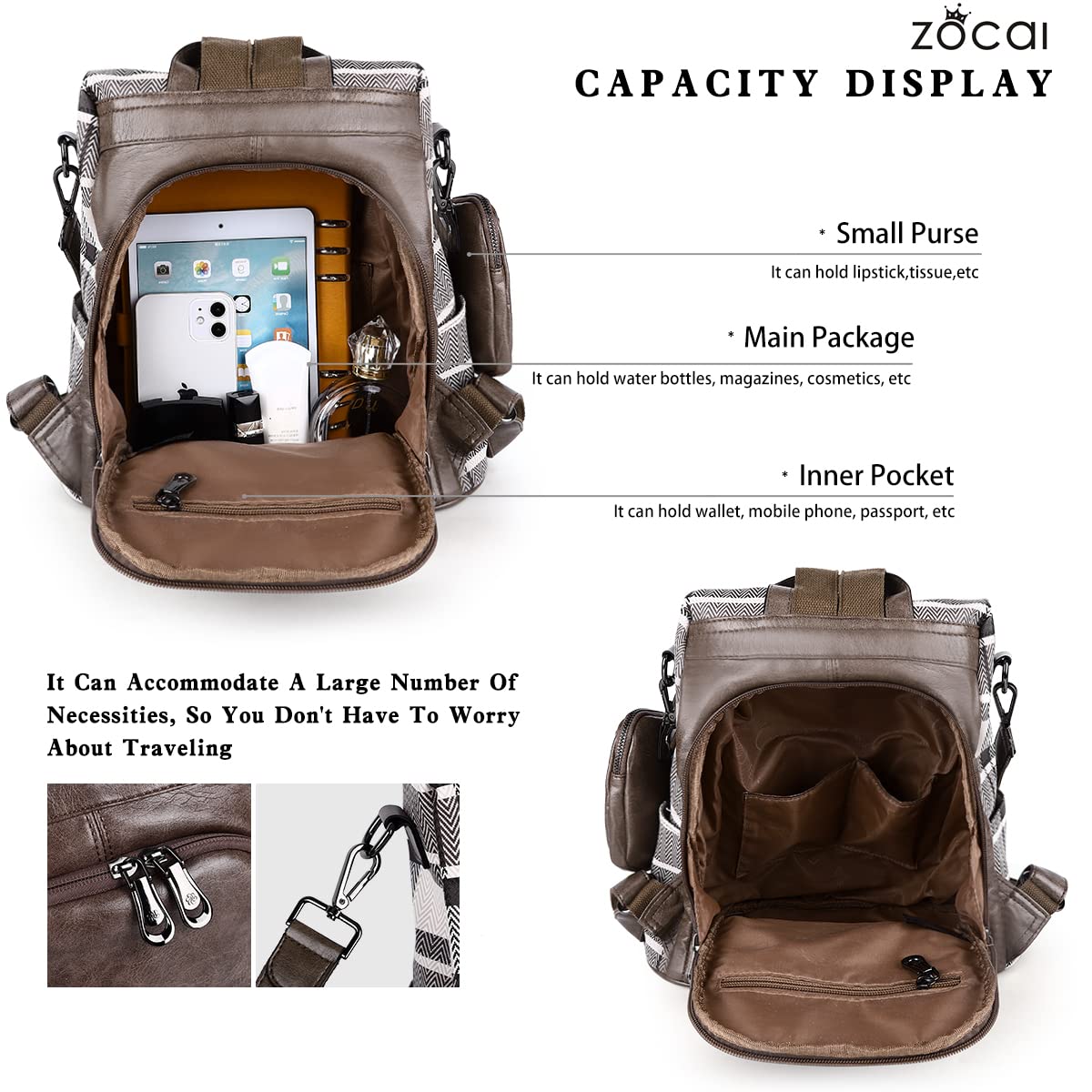 ZOCAI Mochila monedero para mujer de moda, carteras, de piel sintética, mochila diaria, antirrobo, bolso de hombro, monedero, 2khaki Khaki, M