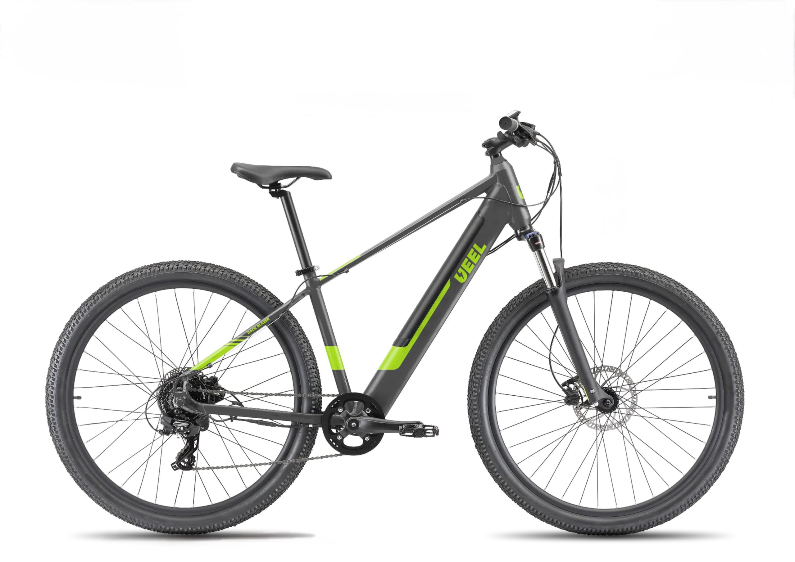 E-Bike Rockblazer 25 BlackGreen, Bicicletta Elettrica, Motore 250W, Fino a 25 Km/h, Batteria estraibile 36V 10.4Ah, Autonomia fino a 60 km, Cambio Shimano 8 marce, Ruote da 29’’ con freni a disco