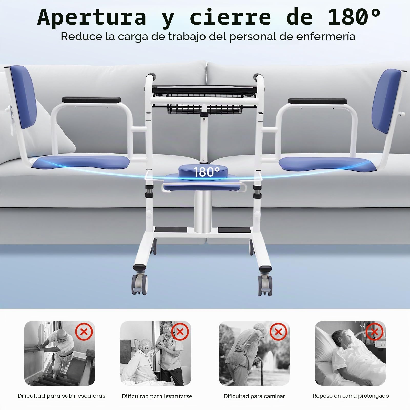 Elevador de pacientes hidráulico para el hogar, altura ajustable, asiento dividido de 180°, silla de ruedas portátil para enfermos, ancianos, discapacitados, mujeres embarazadas, color azul