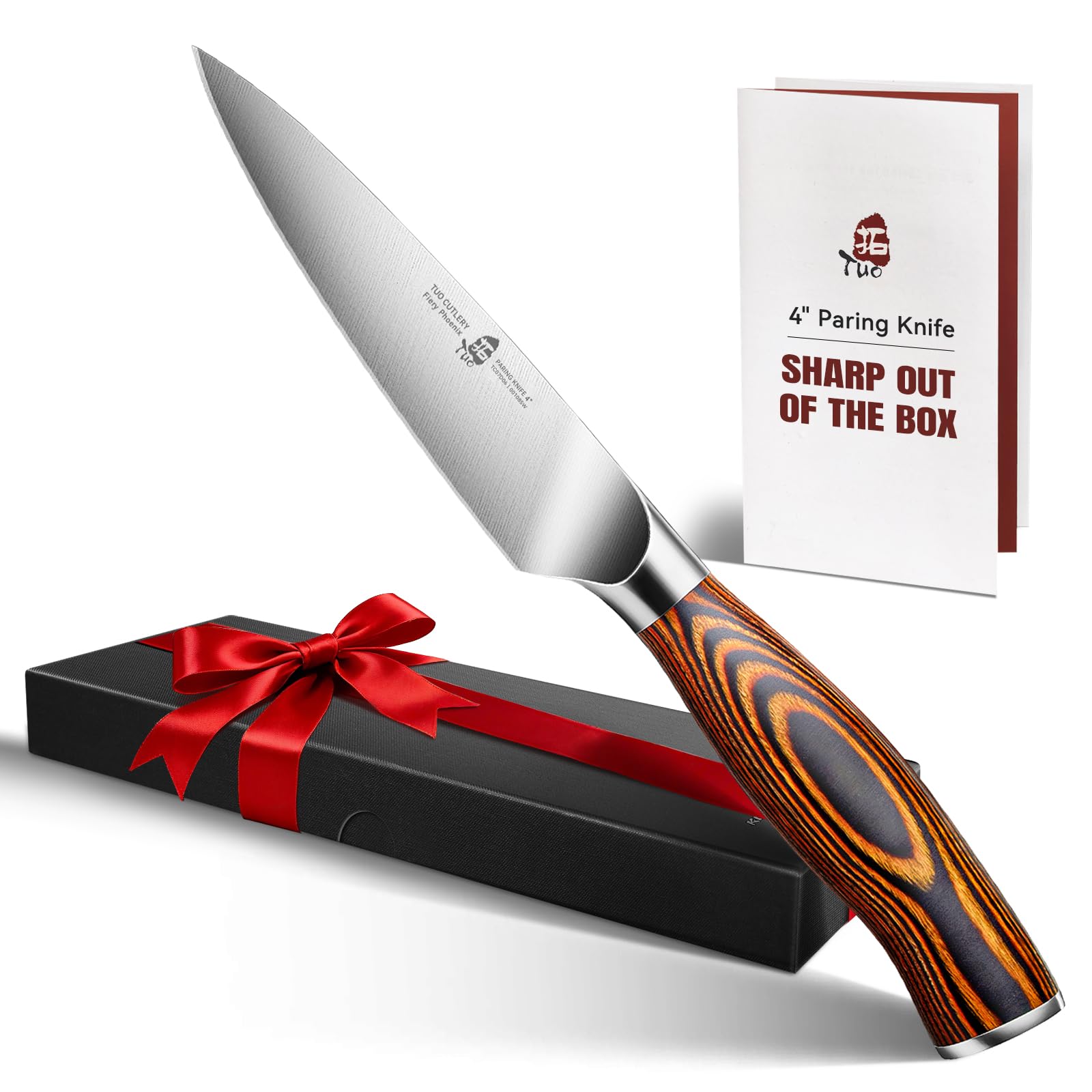 TUO Paring Knife, 4 inch Small Kitchen Knife for Fruit Peeling, High Carbon German Stainless Steel, Ergonomic Pakkawood Handle - Fiery Phoenix Series