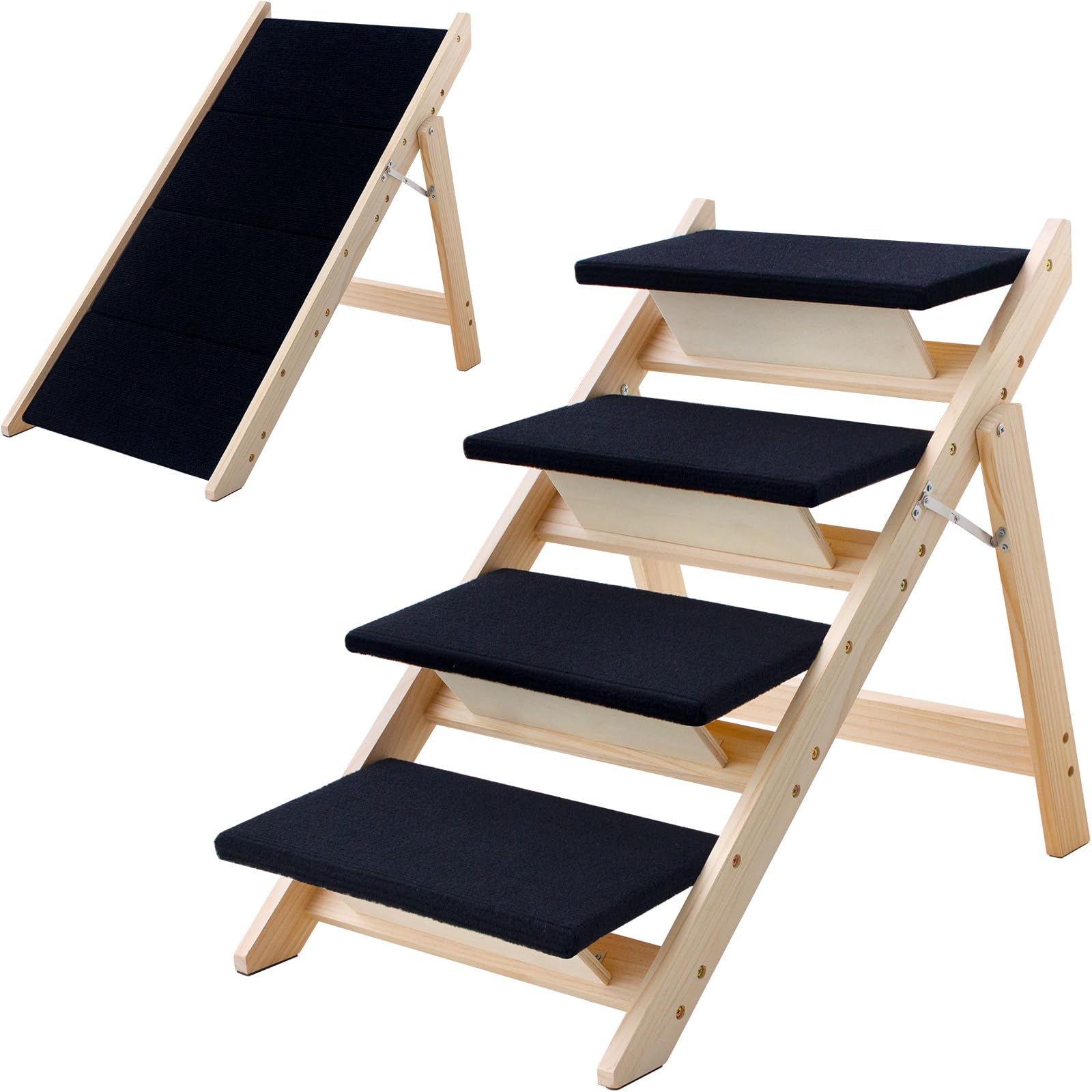 LWTURLOV Wood Dog Stairs/Pet Steps, 2-in-1 Foldable Wooden Pet Ramp with Non-Slip Pet Stairs for Small to Medium for Bed,Sofa, Couch, Car, Indoor Pet