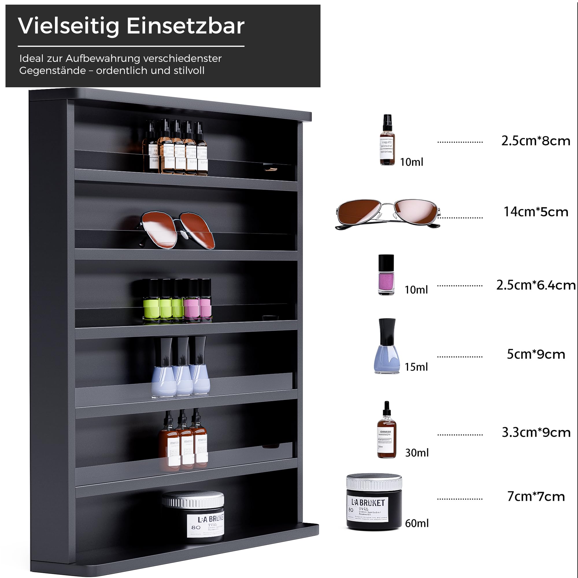 Nagellackregal Wandmontage mit 6 Ebenen, Stabiler Nagellack Organizer aus MDF & Acryl, Wandregal für bis zu 180 Flaschen, Platzsparende Aufbewahrung für Nagelstudio & Zuhause (Schwarz)