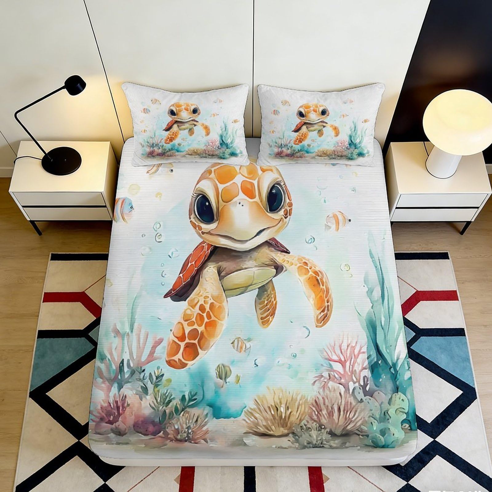 3D Printed Cartoon Turtle Fitted Sheet Microfiber Soft Breathable Sea Life Bed Cover for Bedroom Dormitory Guest Room Mattress Protection Decor 120x200x25cm