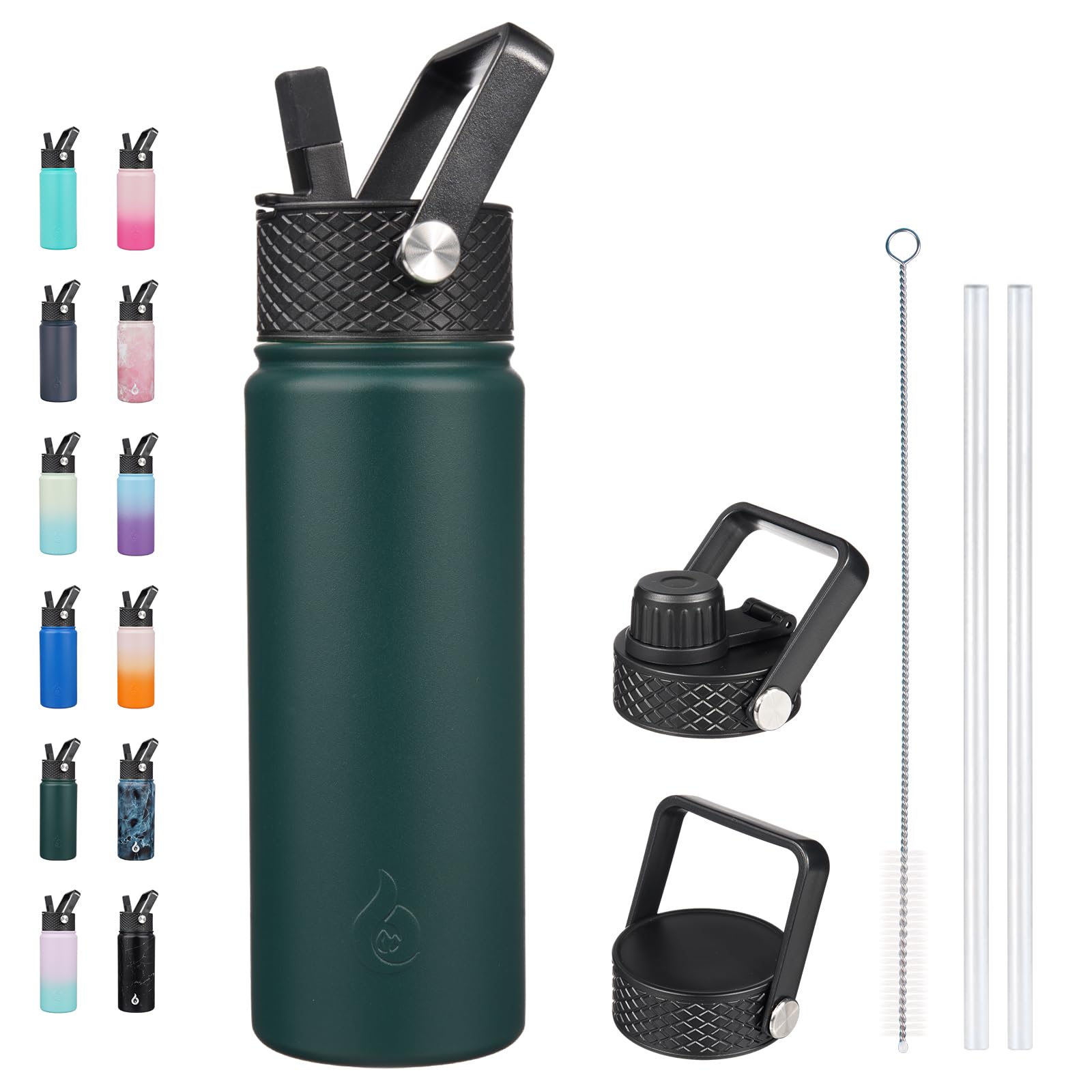 BJPKPK Insulated Water Bottles with Straw Lid, 22oz Cold & Hot Thermos, Stainless Steel Metal Water Bottle with 3 Lids, Reusable Thermos, Cups, Mugs for Daily Use-Army Green