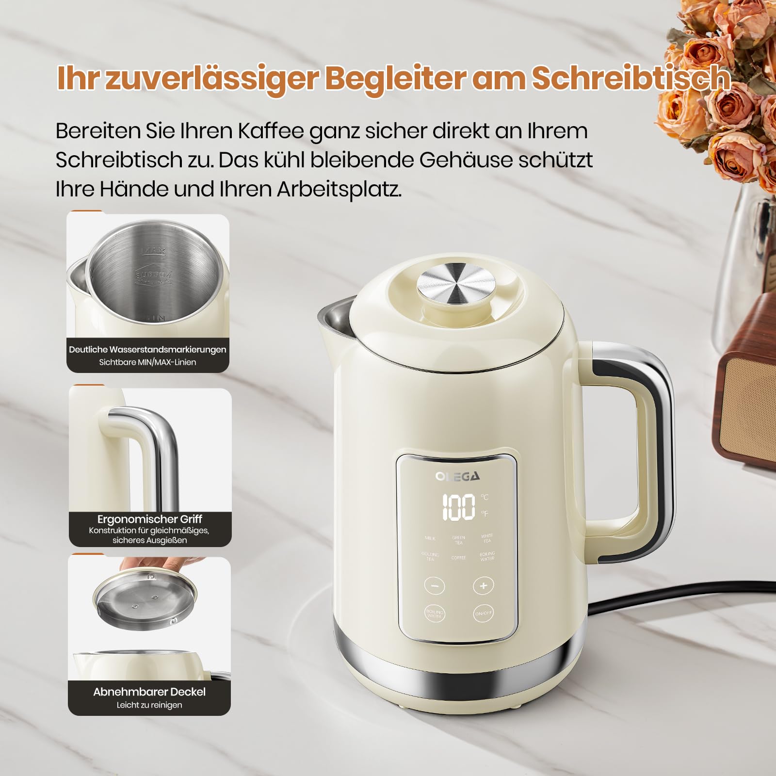 OLEGA Wasserkocher: 1800 W Wasserkocher mit Temperaturregelung, 1,5 l Fassungsvermögen, Edelstahl, Smart Kettle, ideal für Kaffee und Tee, Beige