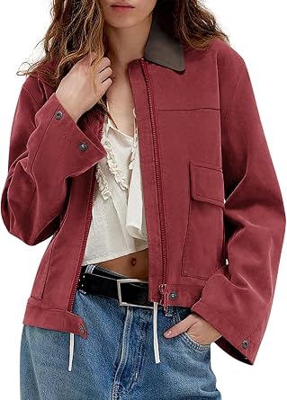 COCCKO Womens Faux Suede Cropped Jacket Casual Zip Up Jackets Contrast Collar Fleece Winter Coats Outerwear with Pockets