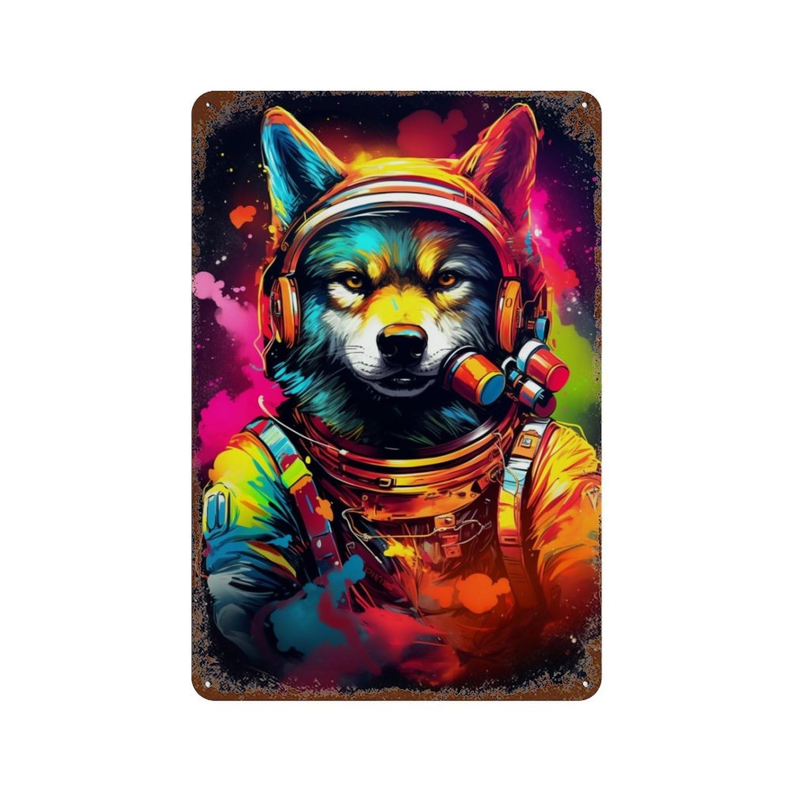 Retro Metal Sign Space Wolf Astronaut Art Print-3 11.8"x7.9", Decorative Metal Wall Art for Pub, Kitchen And Man Cave Decor