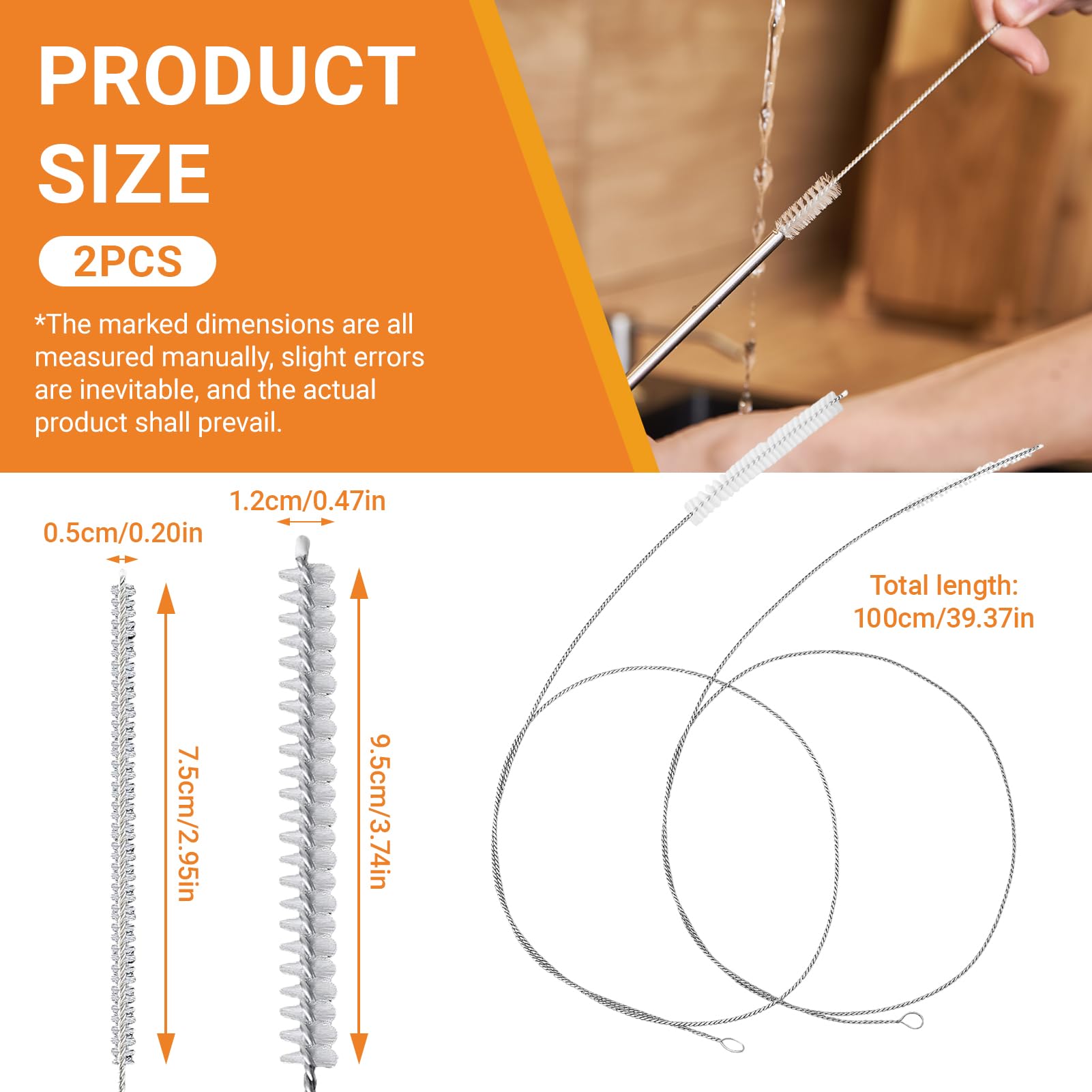 2 Piezas Cepillo Flexible 100cm Extra Largo, Cepillo Limpieza Tuberías Acero INOX Nylon, Limpiador Tubos, para Pajilla, Tubo Agua, Desagüe Refrigerador, Botella, PVC