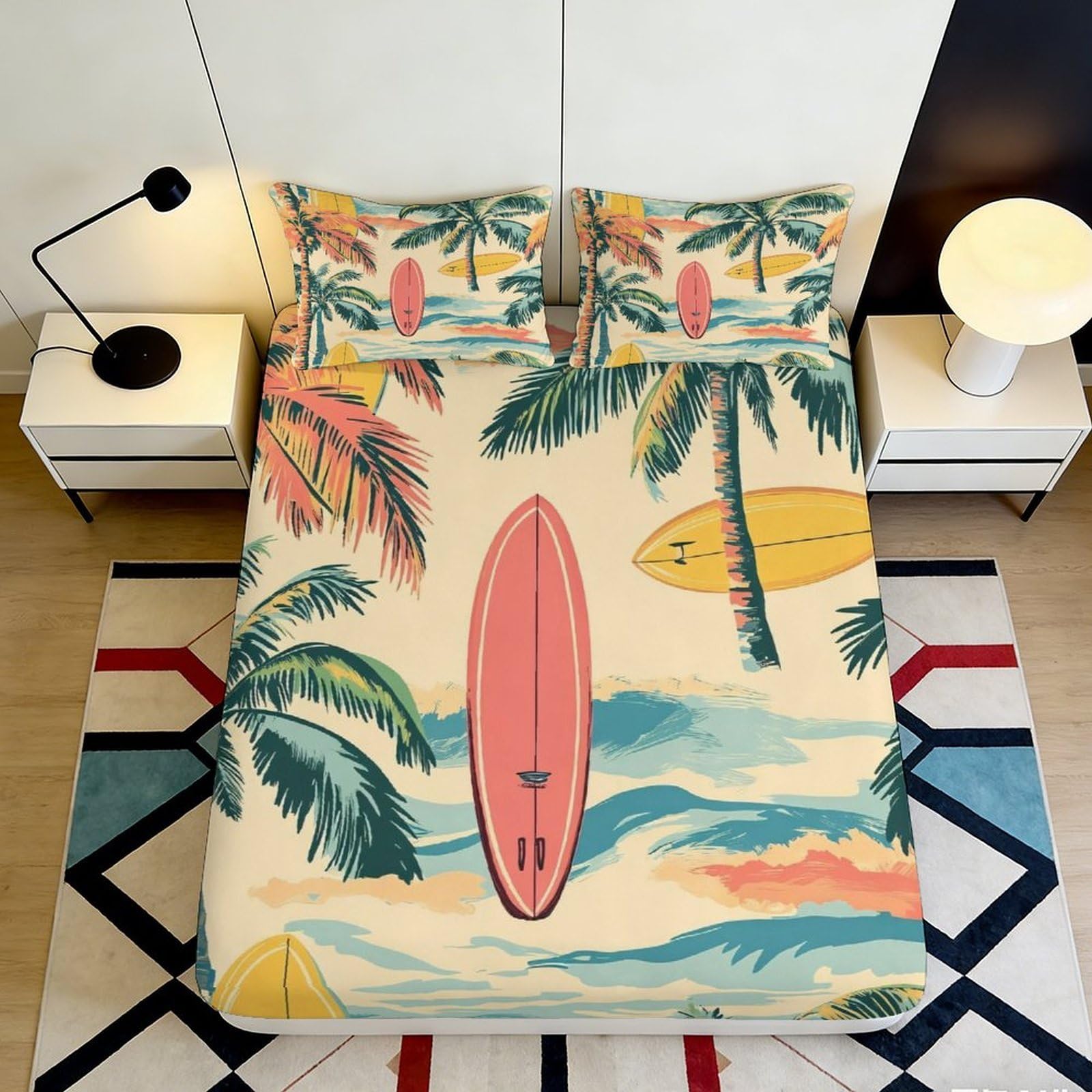 Jqzkxnhpbr Style-9 3D Printed Tropical Palm Fitted Sheet Microfiber Soft Breathable Surfboard Mattress Cover For Bedroom Guest Room Decor 90X200x25cm