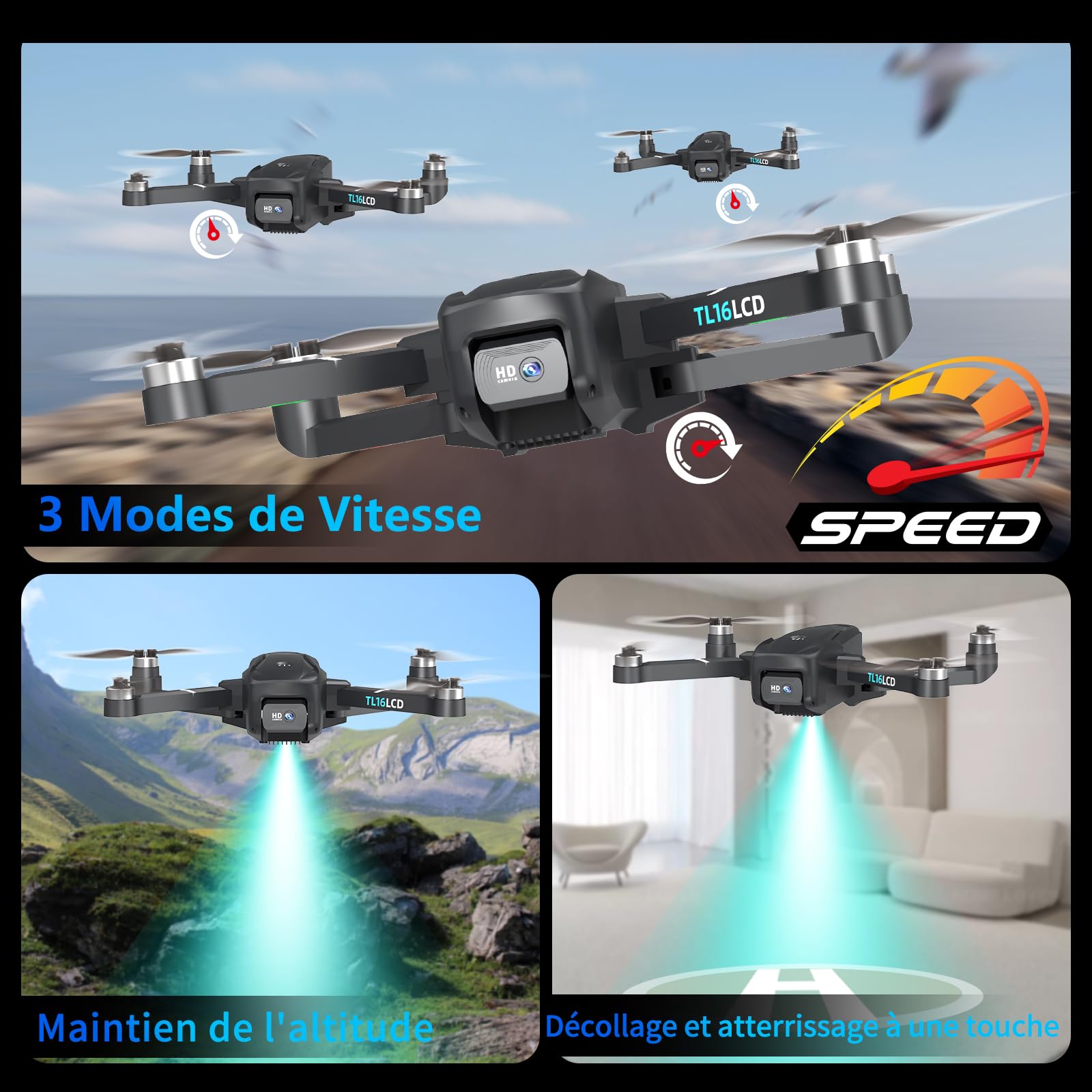 TL16LCD Drone avec Camera 4K, Drone GPS pour Débutants avec Télécommande LCD Retour Automatique Follow Me Transmission en Temps Réel 5G Drones FPV pour Adultes