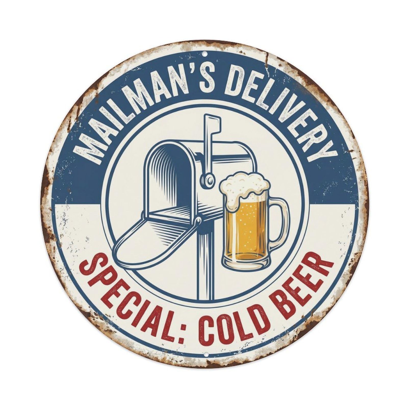 Retro Bar Mailman Delivery Lounge Beer Metal Tin Sign Plaque Wall Decor for Cafe, Club Bar, Office, Home Garden Round Metal Poster 8x8Inch