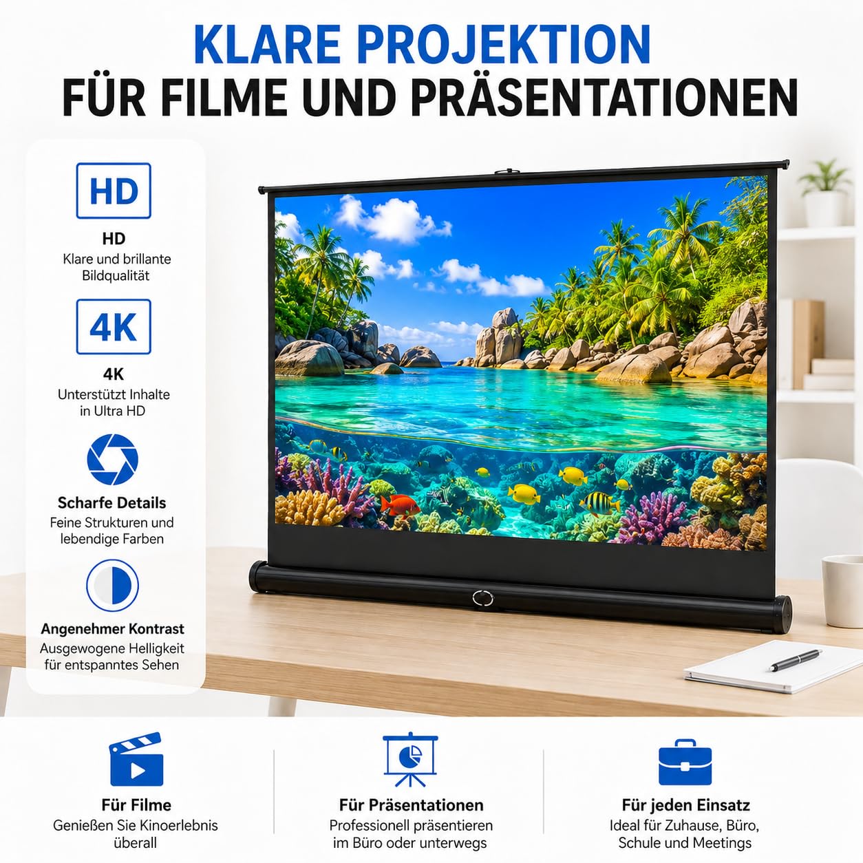 Leinwand Beamer 50 Zoll,Tragbare Pull-Up Beamer Leinwand mit Ständer für Camping,Heimkino,Schule,Treffen
