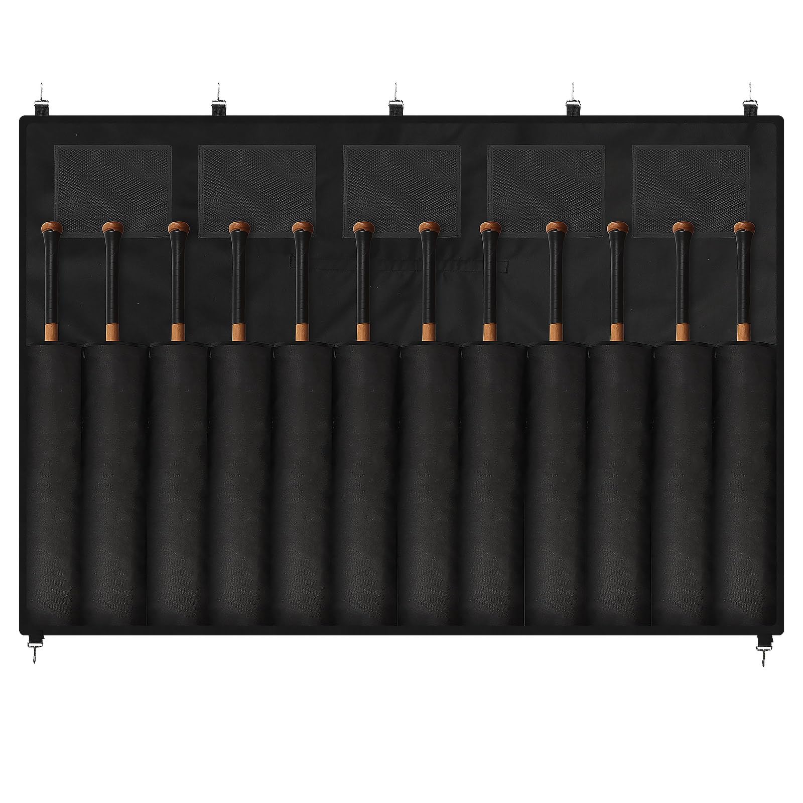 Hanging Baseball Bat Bag Caddy with Hanging Hooks, Holds up to 12 Bats Nylon Reinforced Baseball Bat Holder Dugout Organizer for Softball Teams, Black