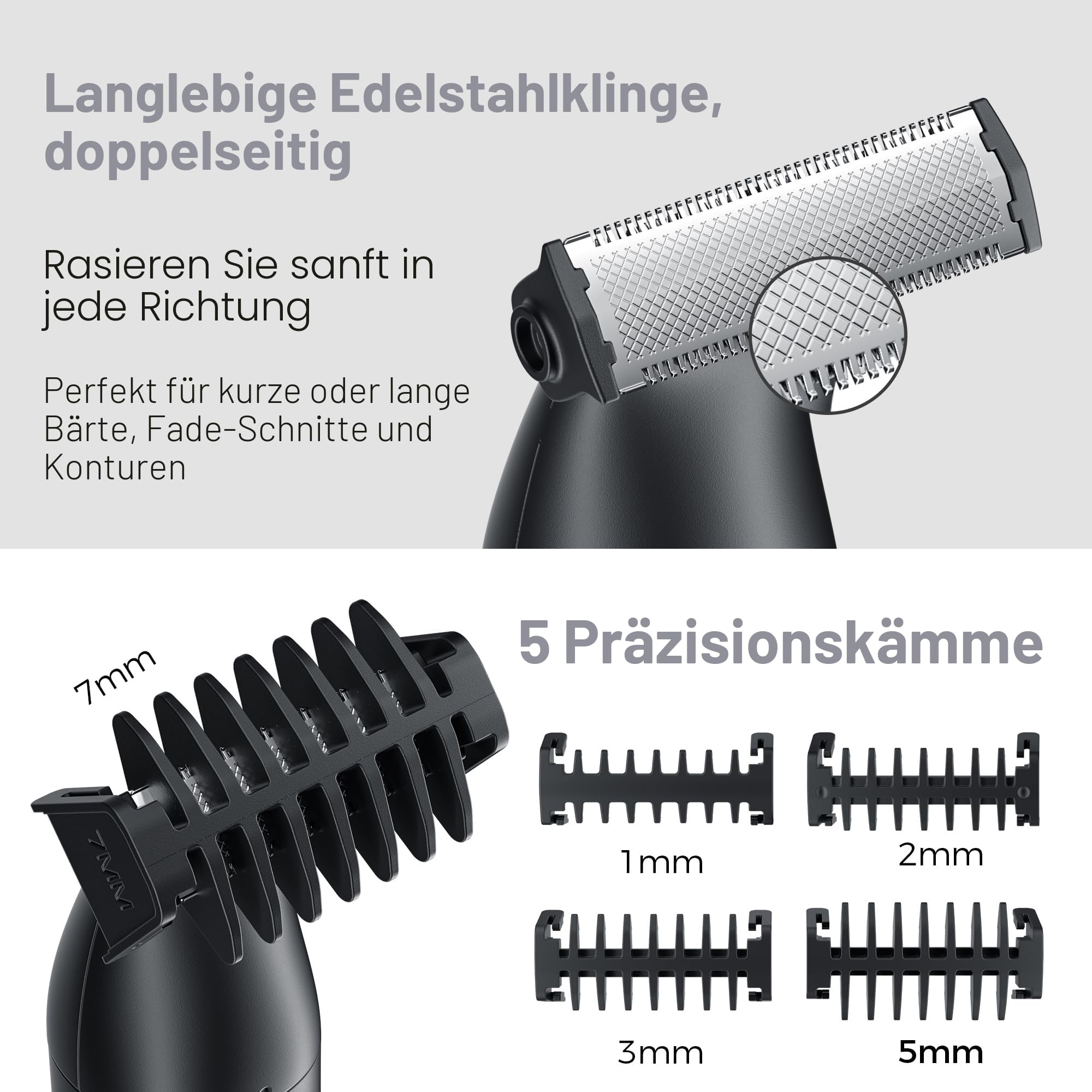 BarberBoss 3-in-1 Präzisionstrimmer Herren Bart und Haarpflegeset für Männer, Körperpflege, Nasen- und Ohrentrimmer, wiederaufladbarer kabelloser Rasierer (Schwarz)