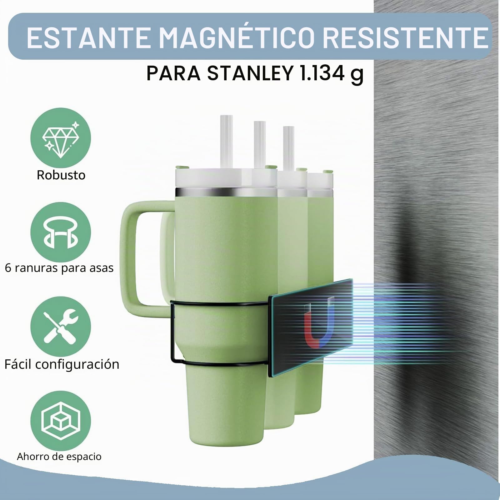 Soporte magnético para Vasos Stanley Cup 40 oz – Accesorio Stanley Cup, Soporte y Organizador de Vasos sin taladros, Organizador magnético de Botellas para Cocina y Nevera, Carga 4,5 kg