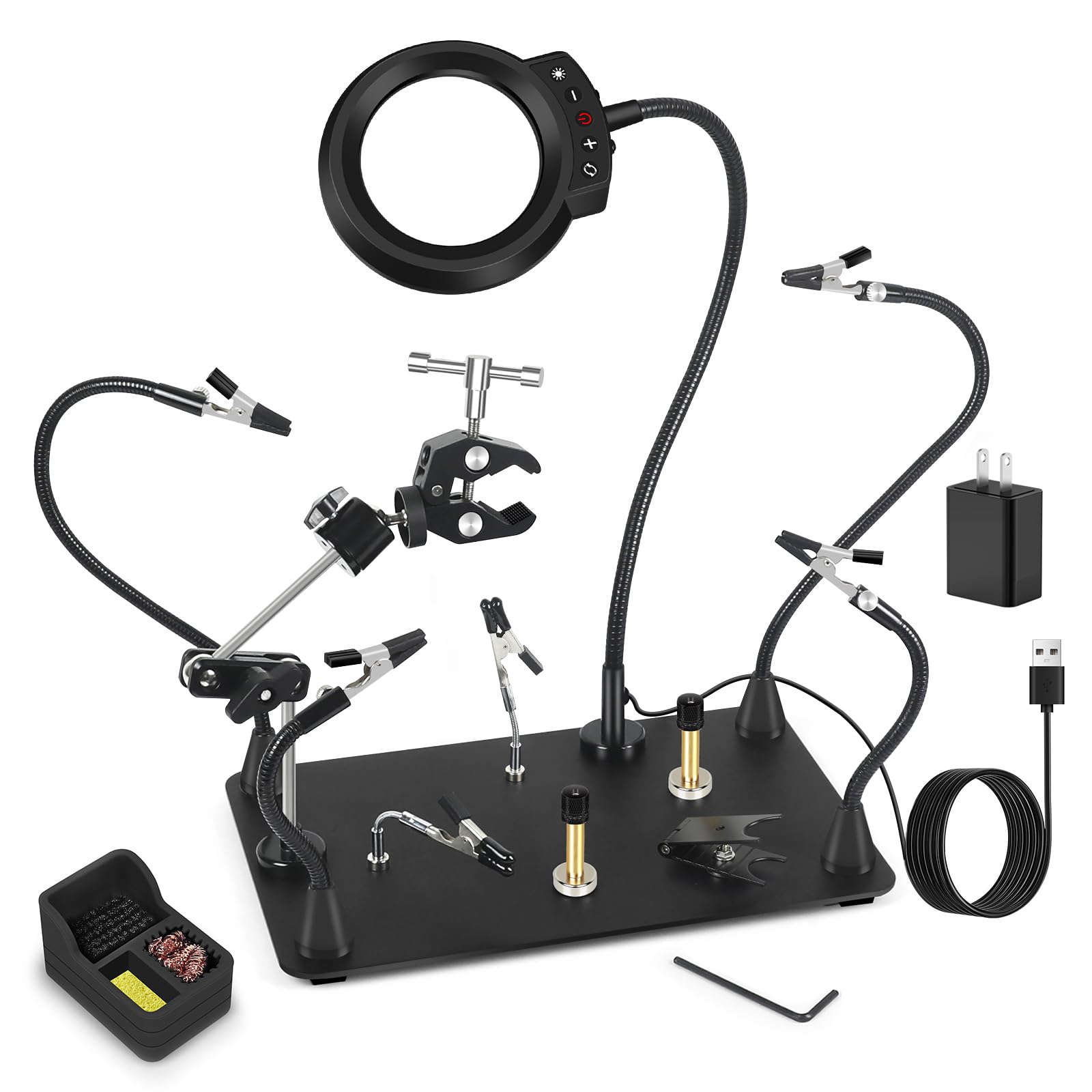 Magnetic Helping Hands Soldering Station with 5X LED Magnifying Lamp, 6 Flexible Arms, 360° Soldering Clamp, Heavy Duty Base, Magnetic Third Hand Tool for Precision Soldering, Electronics &amp; DIY