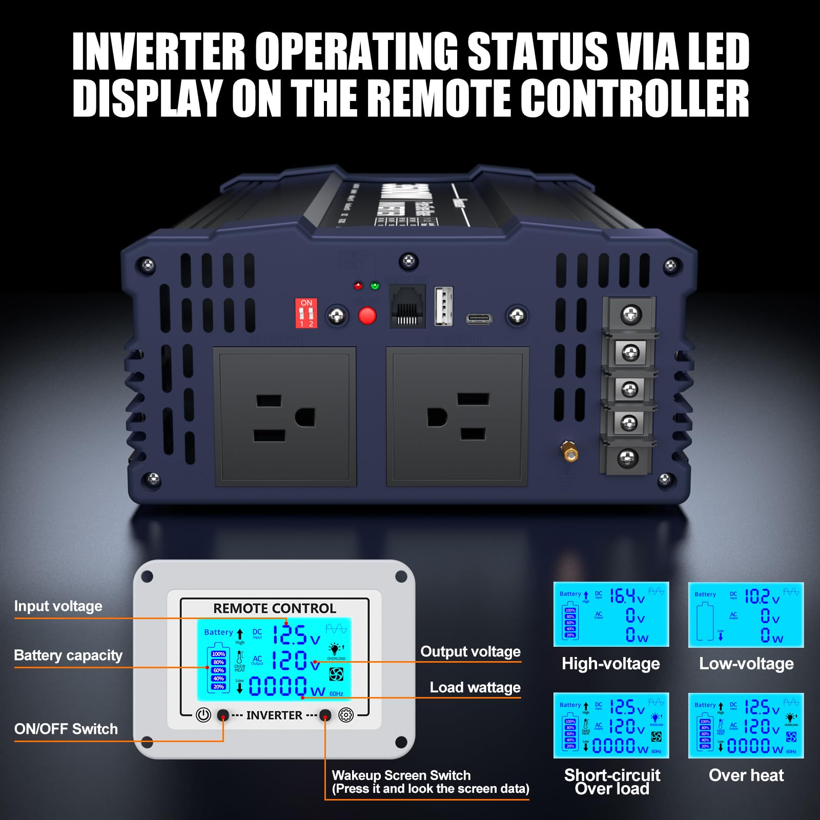3500Watts Pure Sine Wave Inverter,Peak Power 7000W DC 12V to 120110V AC Solar Power Inverters with 2AC Outlets,USB Port,TypeC Port for Truck,RV,Vehicles,Car Solar System Remote Control with LED Screen