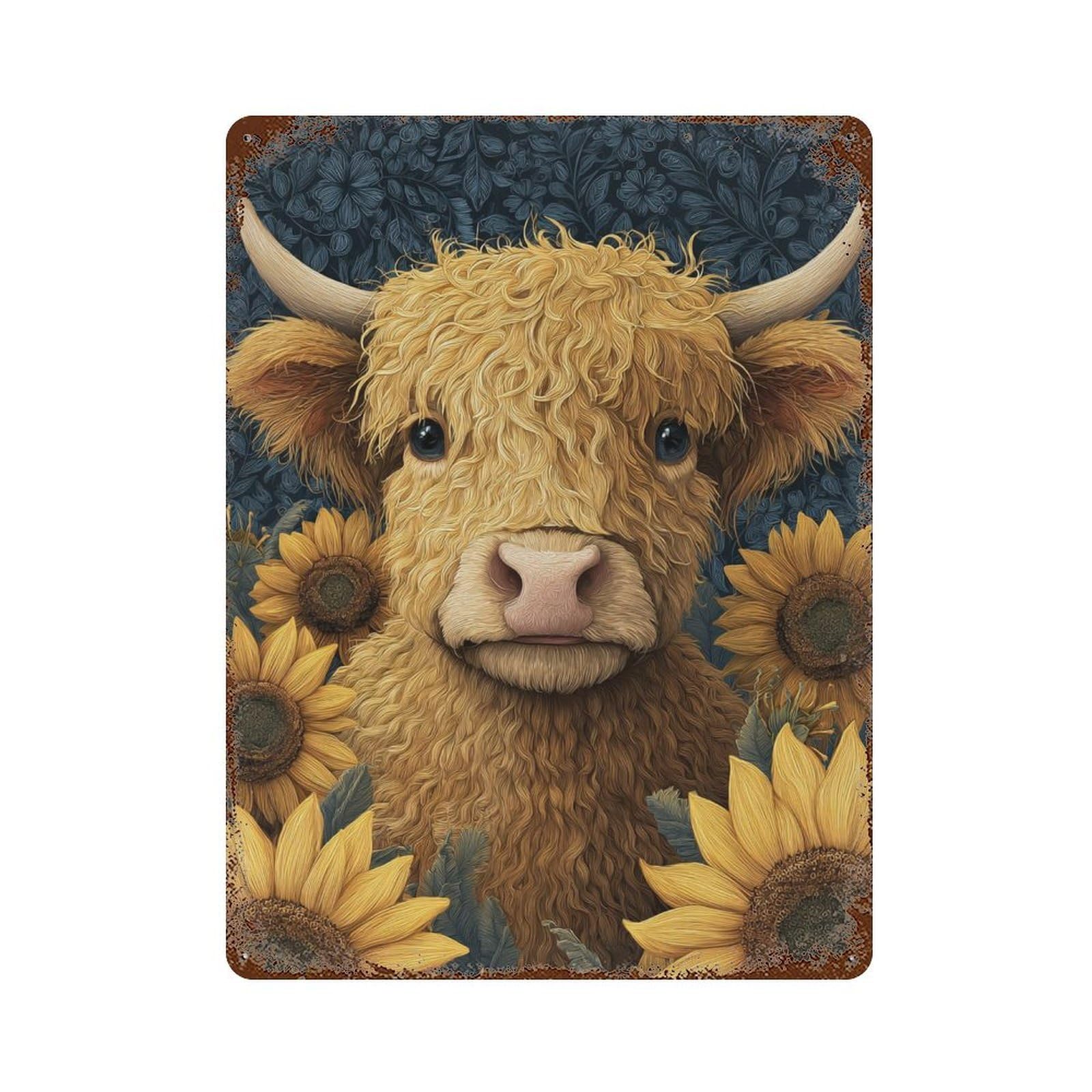 Highland Cow with Sunflowers Rust Effect Tin Sign 15.7"x11.8", Vintage Wall Decor for Pub, Kitchen And Man Cave Decor