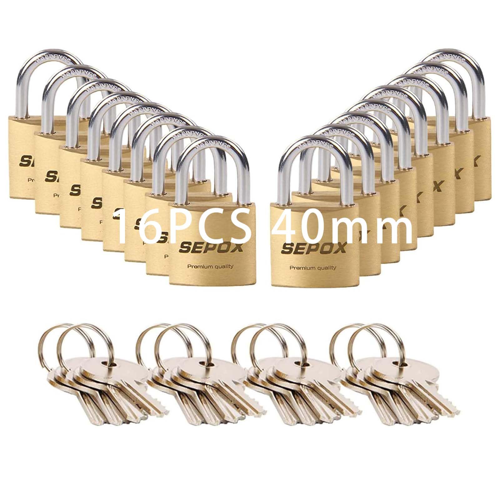 SEPOX® Set di 16 lucchetti con chiavi uguali a chiave, di alta qualità, 40 mm, in ottone massiccio, set da 16 lucchetti con stesse chiavi, 24 pezzi, anti-taglio, resistenti alle intemperie, per