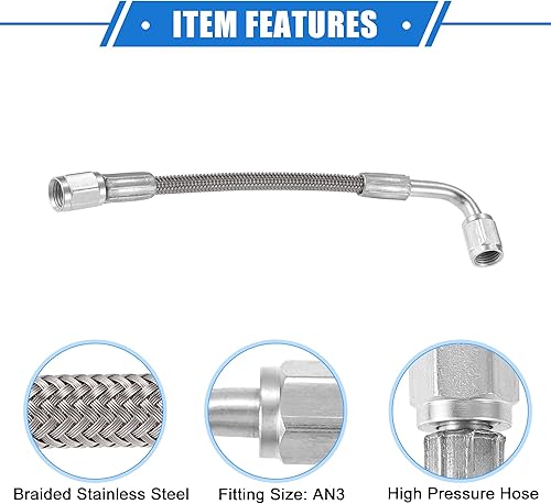 Miniatura 4 de AN3 - Línea de alimentación de aceite turbo de acero trenzado de 90 grados a extremo de manguera recto, línea de retorno de drenaje de aceite de