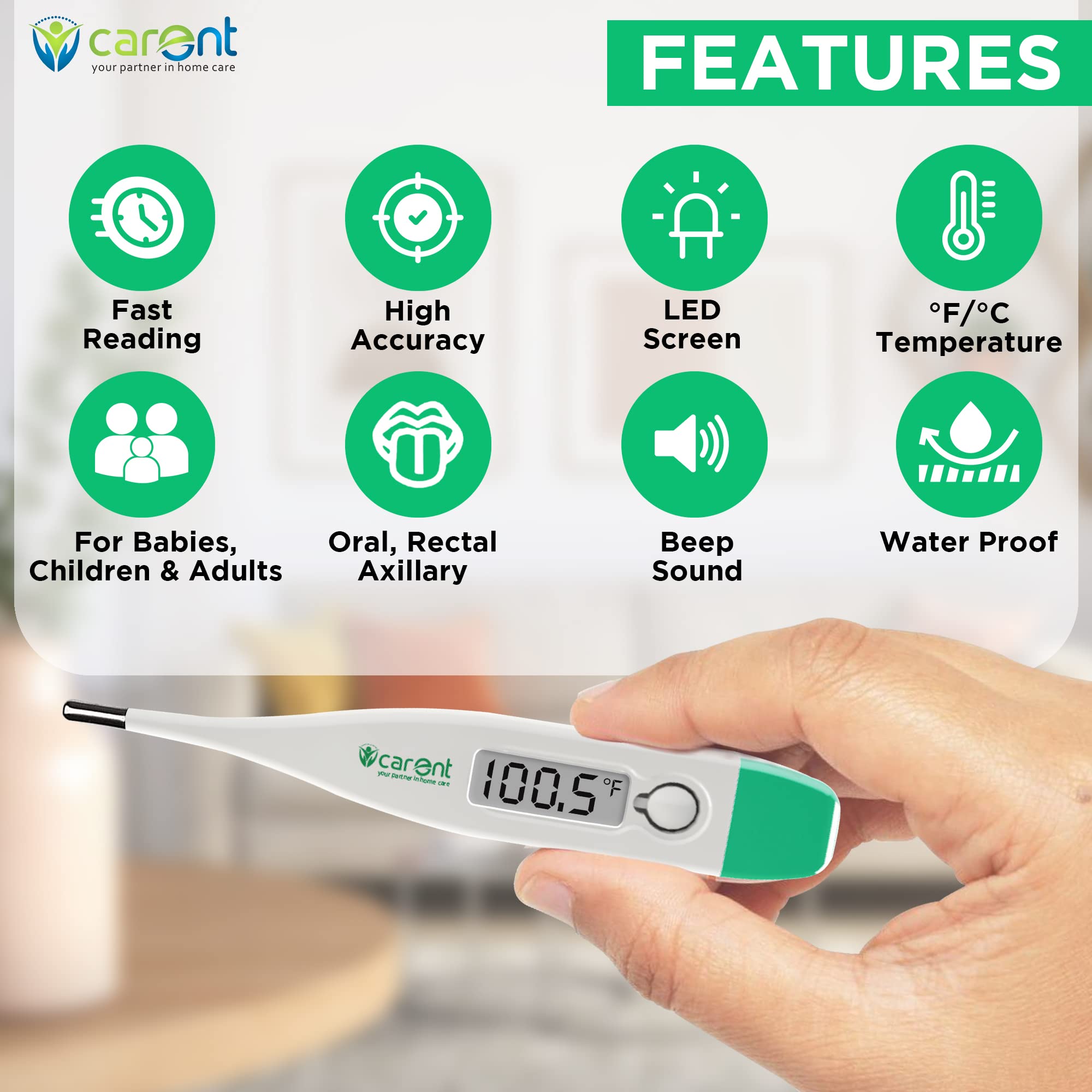 Carent DT-03 Waterproof Premium Digital Thermometer pack of 2 Body Fever Testing Machine for Kids Adults & Babies Thermometer with fever Alarm Thermometer (White and Green) - Image 3 thumbnail