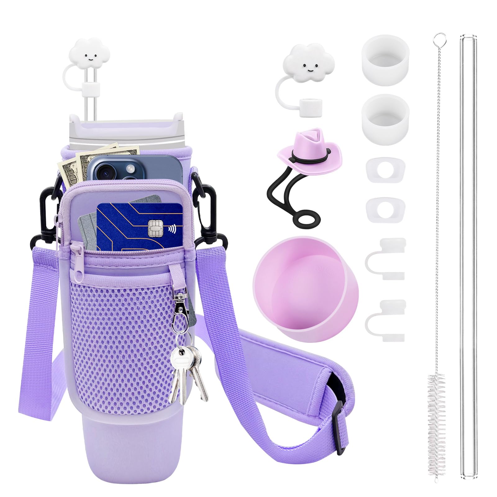 JMY 12PCS Accessories for Stanley Cup 40Oz Tumbler with Handle, Including Cloud Straw Cover Cap, Replacement Straw, Boot, Quencher H2.0 Spill Stopper, Cleaning Brush, Holder with Strap Orchid
