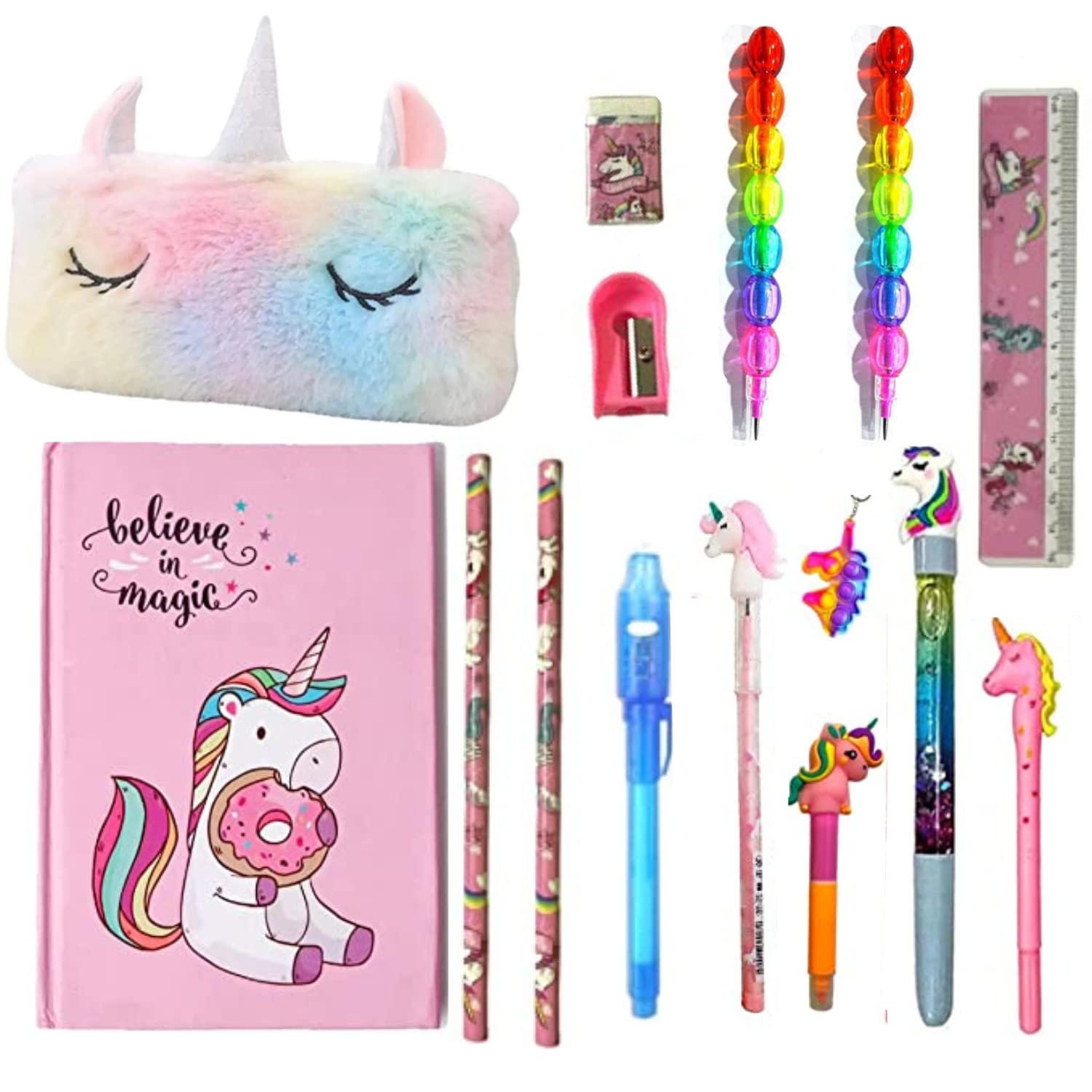 Taufa Villa 15 Pcs Combo Pack Unicorn Stationery Gift Set for Girls Fur Pencil Case with All Stationery Best Return Gift for Birthday | Pencil Box | Unicorn Pouch | Unicorn Pouch ( Multicolour ) (B0BW77V3D4) Amazon Price History, Amazon Price Tracker