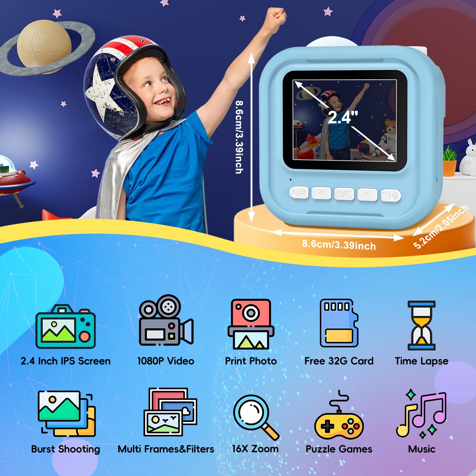 Gofunly Macchina Fotografica Bambini Istantanea, 2.4 Pollici Fotocamera Istantanea Bambini con 32GB Scheda, 12MP/1080P HD Videocamera Fotocamera Digitali per Bambino da 3-12 Anni