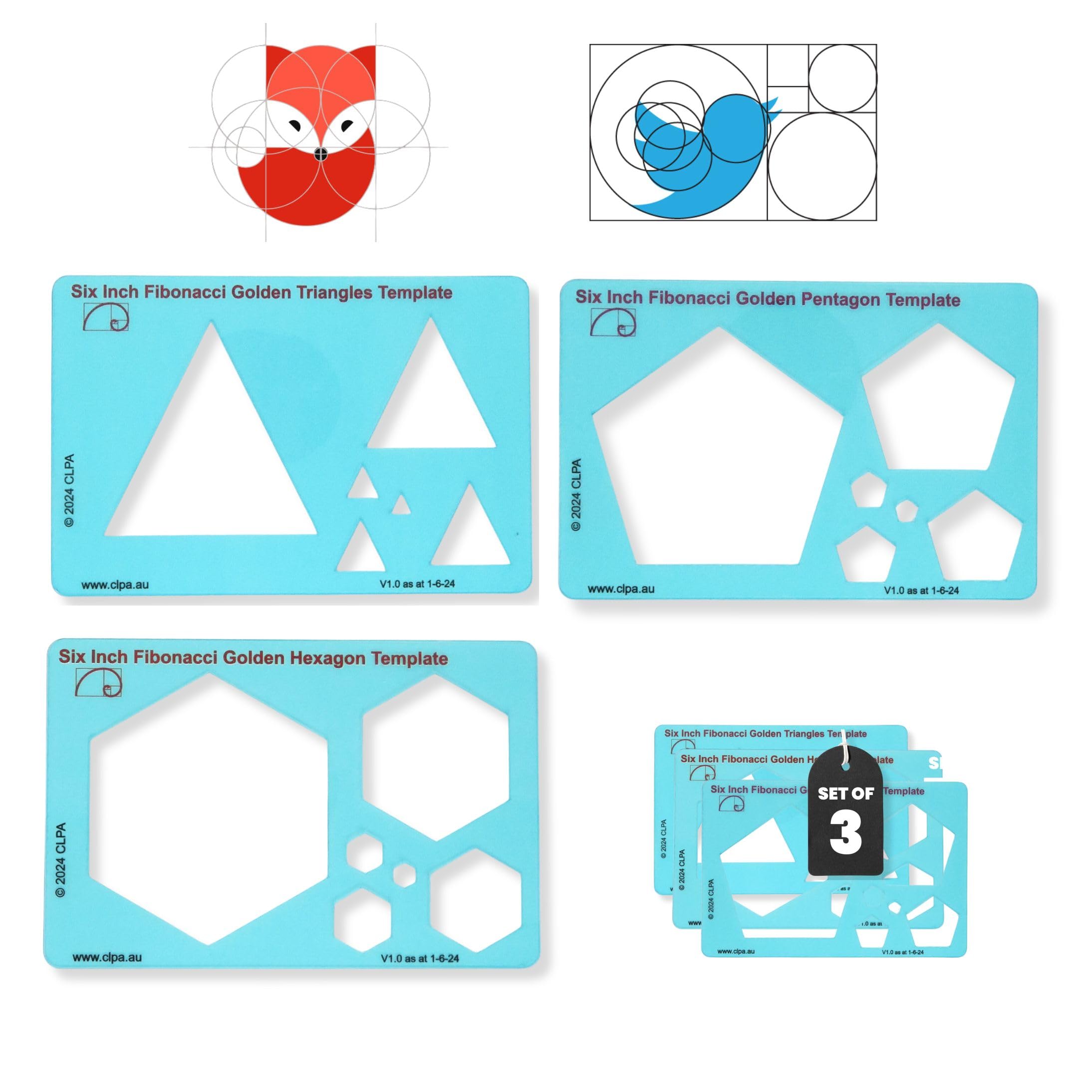 Fibonacci 3-Piece Template Set, 6" Triangle, Pentagon and Hexagon, Golden Ratio Drawing Tools