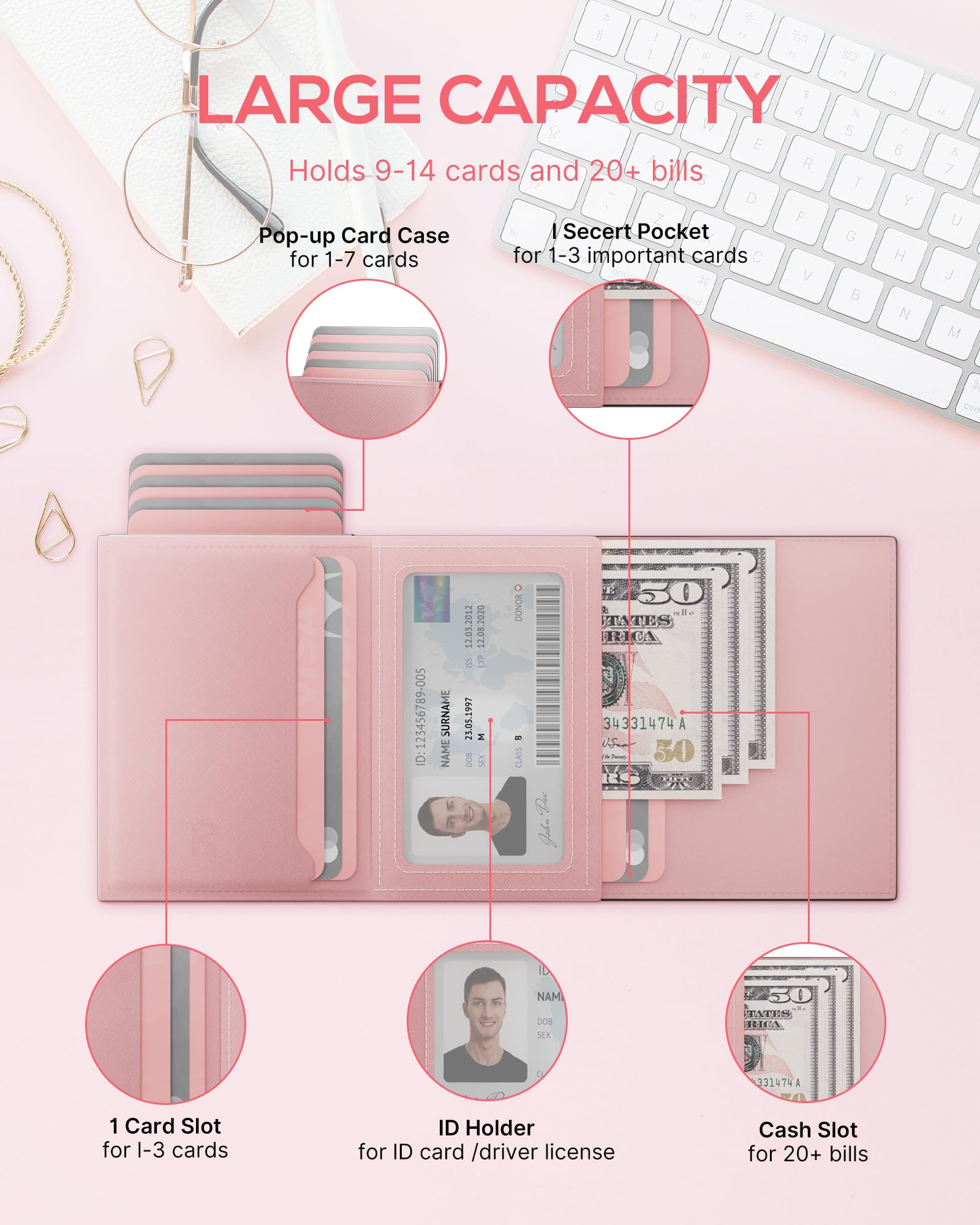 ROYAL KIT Geldbörse für Damen – Schlankes Kreditkartenetui, Pop-Up-Kartenetui, genarbtes Leder, RFID-Blockierung, minimalistisches und kleines Design, hält 13 Karten und 15 Rechnungen mit