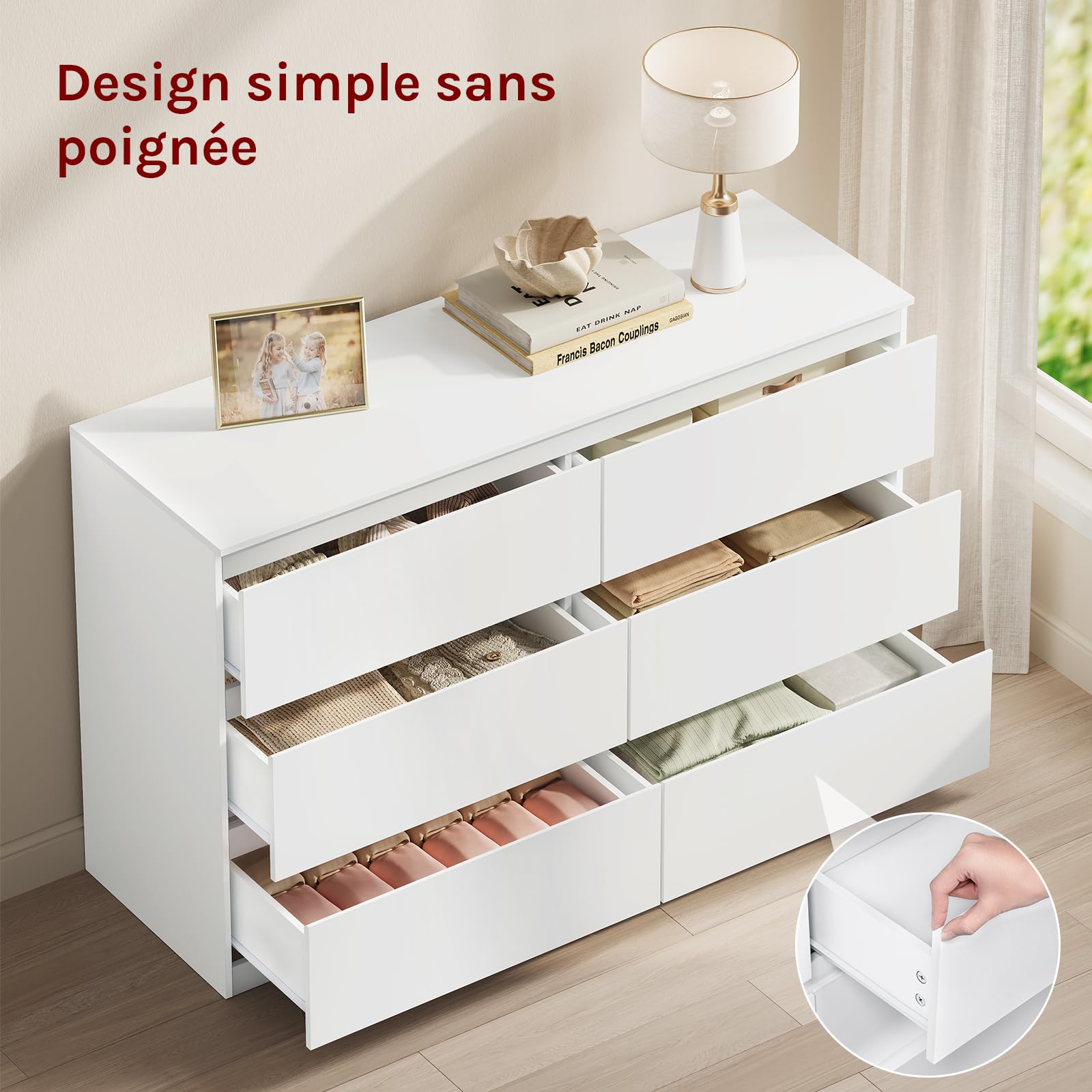 WOLTU Commode Chambre, Meuble de Rangement, avec 6 Tiroirs, pour Salon, Entrée, Style Moderne, en Bois d'Ingénierie, 120x40x75 cm, Blanc