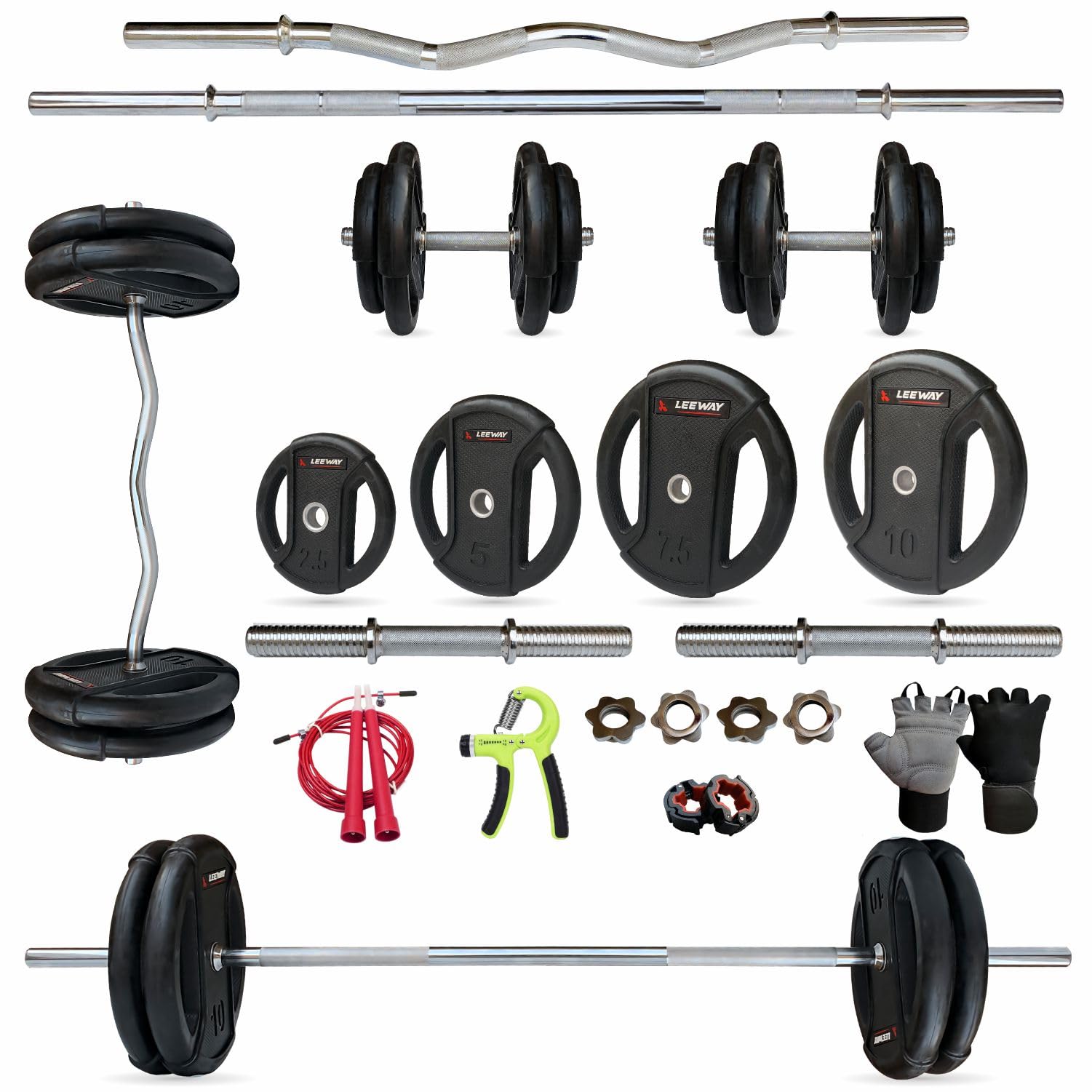 Leeway Metal Integrated Rubber Coated Weight Plate 50 Kg Home Gym Set,3Ft Curl (28mm), 5Ft Straight (28mm), Dumbbell Rods, Weight Plates Combo, Gym Equipment (50kg Set (2.5X4+5X4+10X2) Home Gym Combo)