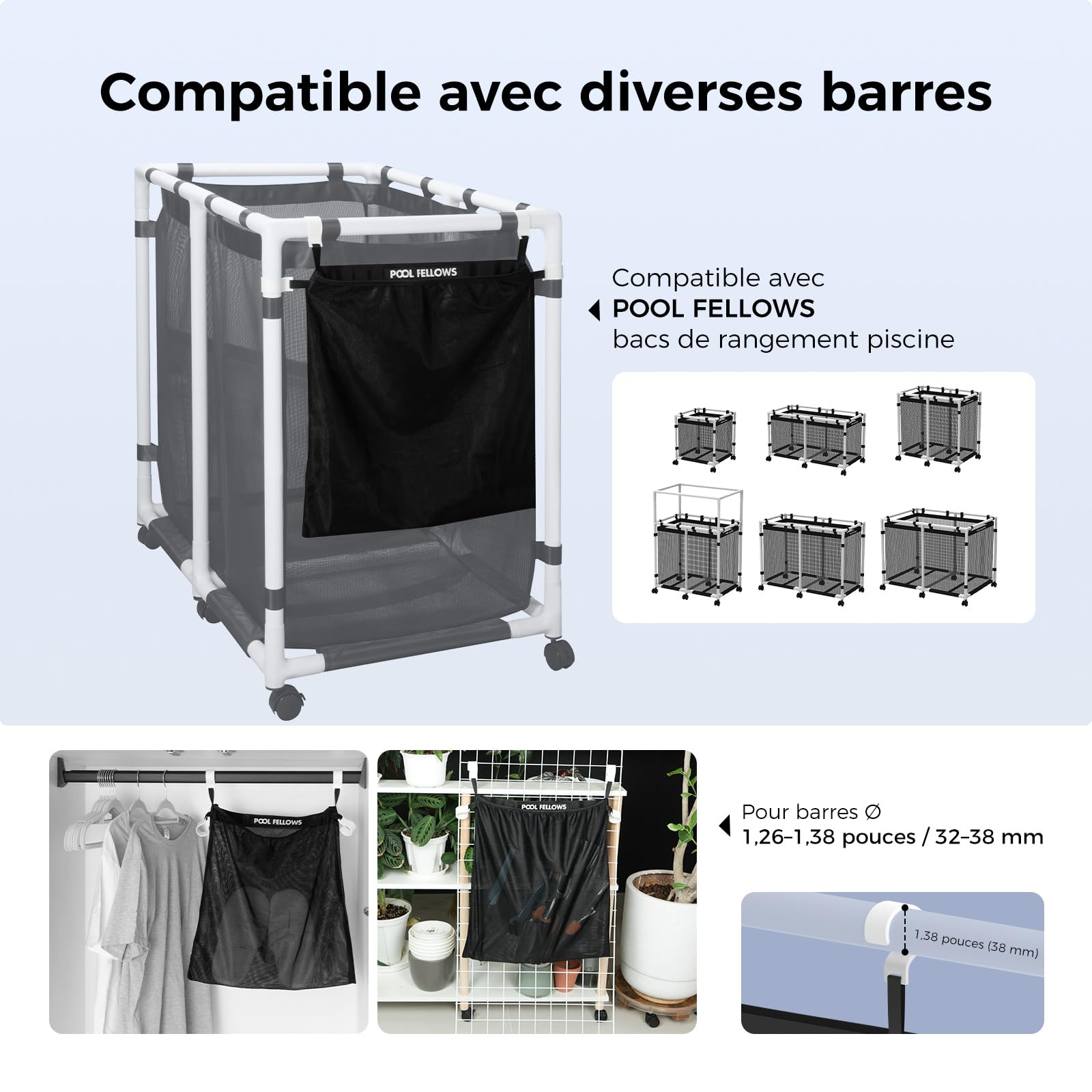 Poche latérale en Maille élastique pour bac de Rangement de Piscine, Poche Filet, Sac à Suspendre sur des tiges, Organiseur étendu pour Accessoires de Piscine, Fournitures d'extérieur,
