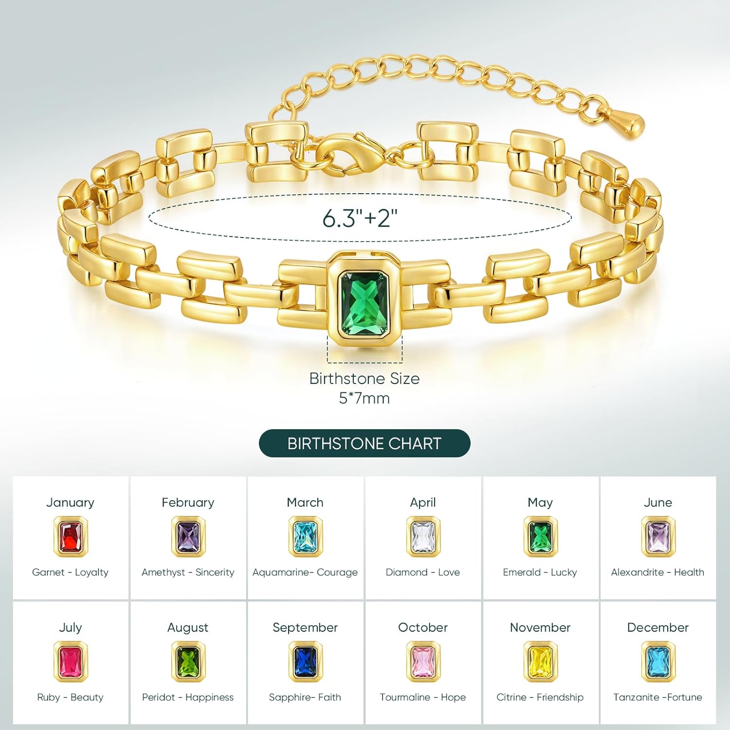 Gold Birthstone Bracelet for Women - 14K Gold Plated Adjustable Watch Band Chain Bracelets, Trendy Cubic Zirconia Link Bracelet, Birthday Anniversary Christmas Jewelry Gifts for Her - Image 5