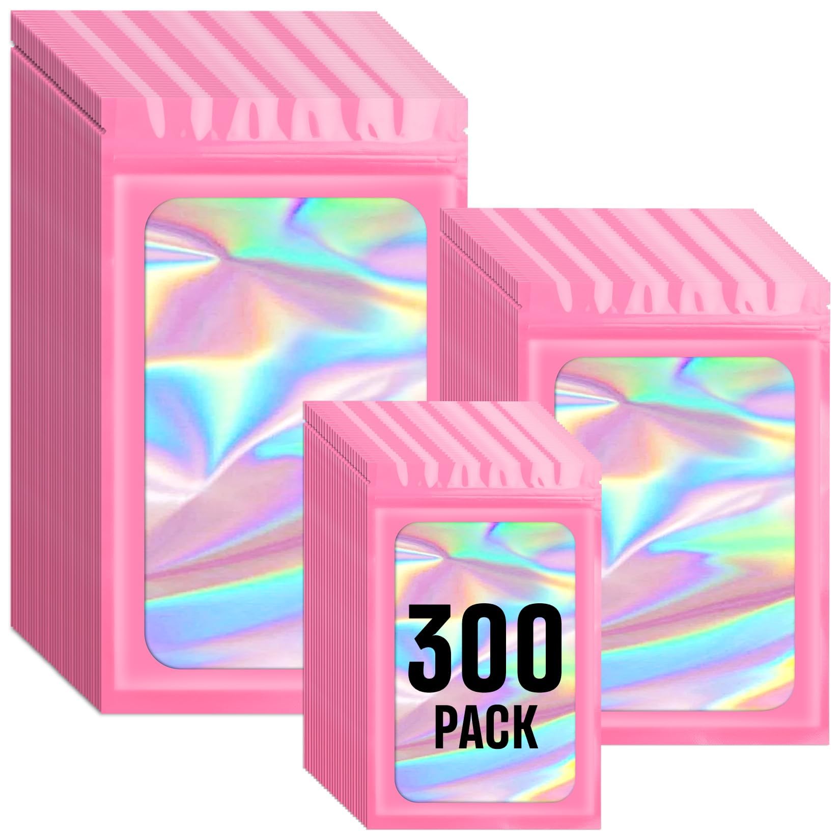 Funfery 300 Pack 3 Size Pink Mylar Holographic Bags with Clear Window