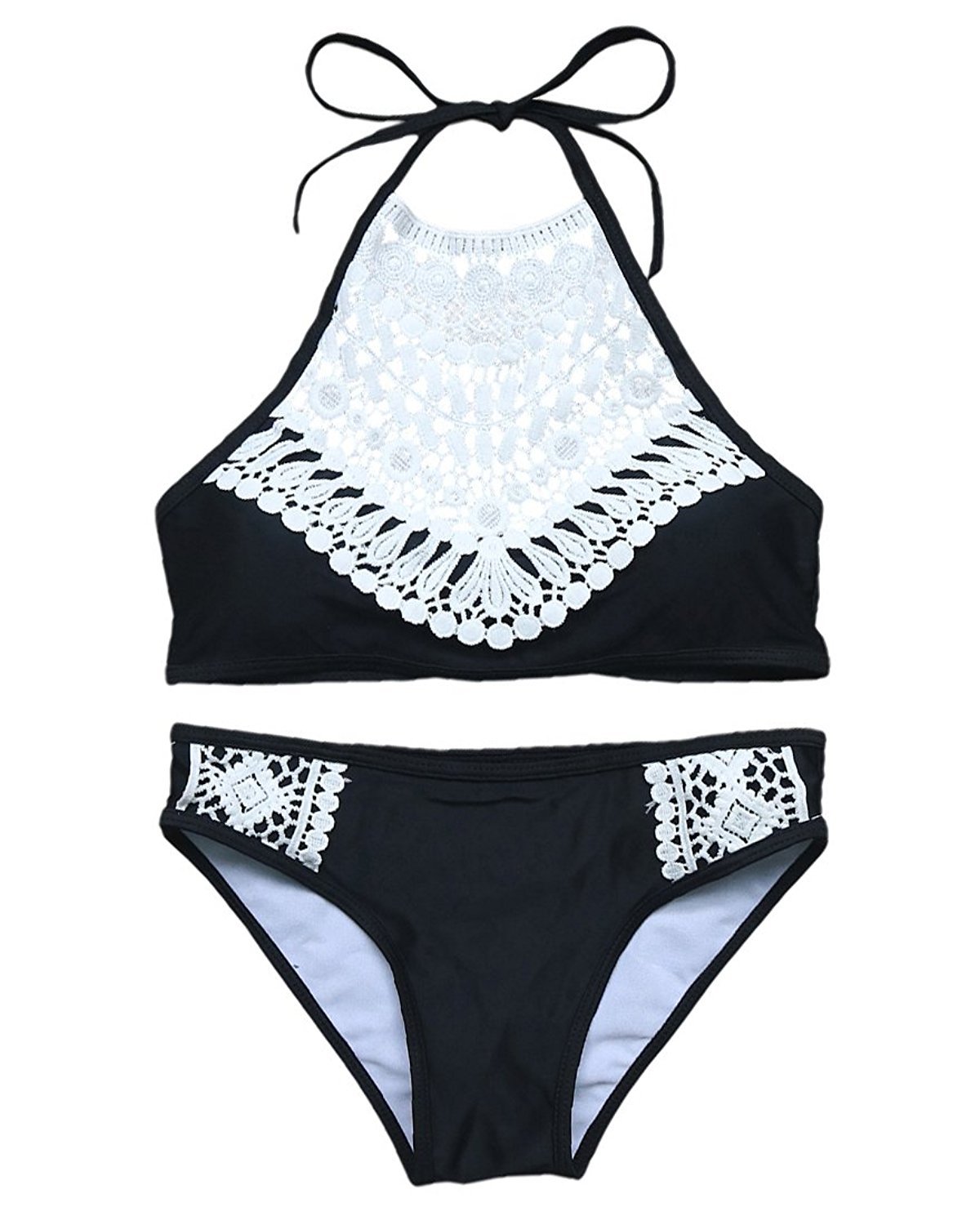 2017 Women's Lace Splicing Halter Padding High Neck Bikini Two-Piece Bathing Suit