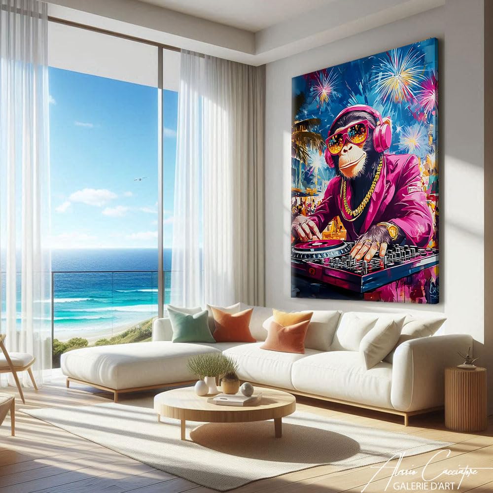 Quadro scimmia Dj - Poster decorativo murale umoristico - Stampa su tela Pop Art - Quadro Street Art di grande formato - Decorazione da parete con animali - Tela astratta moderna (80 x 60 cm)