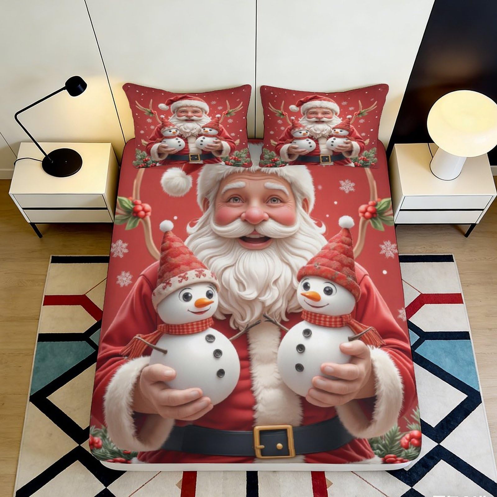 3D Printed Christmas Santa Snowman Fitted Sheet Microfiber Red Bed Cover Anti-Slip Washable for Bedroom Guest Room 180x200x25cm