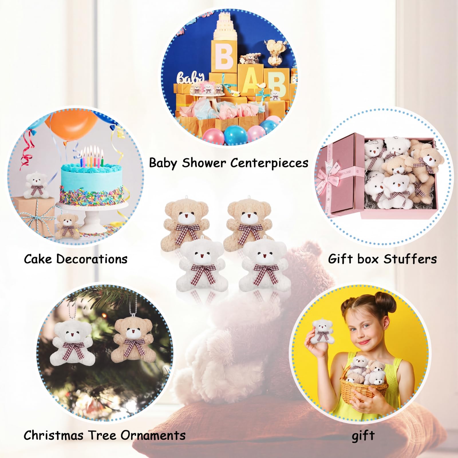 Zomiboo 12 Pezzi 4 Pollici Mini Animali di Orsetto Coniglietto Cucciolo Koala di Peluche Giocattoli Pasquali Bambole Pelose per Compleanno Portachiavi (Orsetto, Albicocca e Bianco)