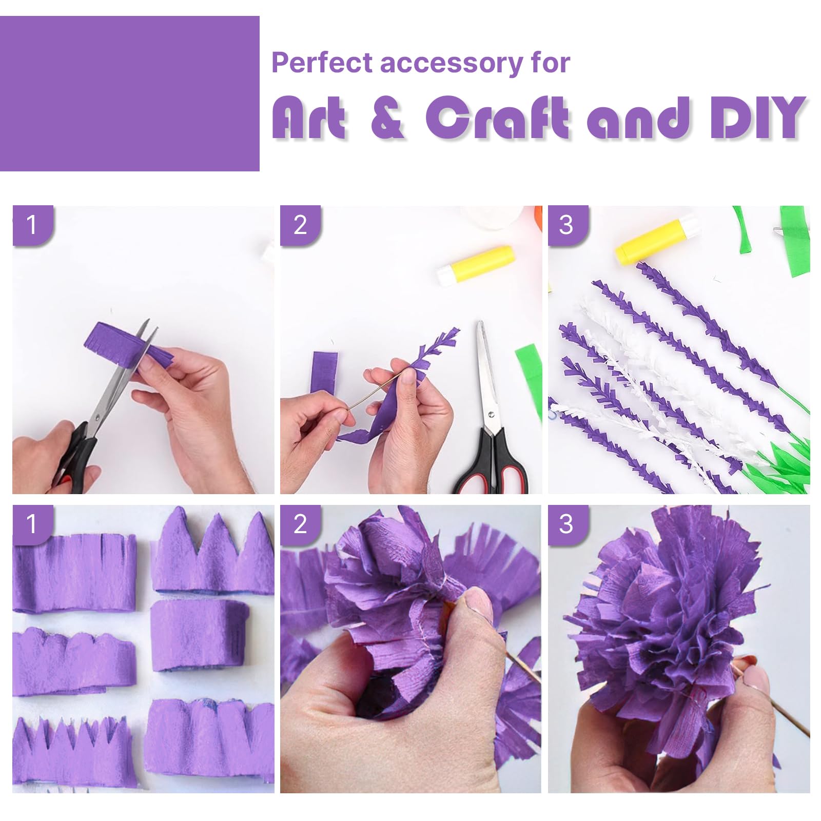 PartyWoo Lot de 6 rouleaux de papier crépon argenté métallisé, violet clair, lilas, violet lavande, blanc pour décorations d'anniversaire, décorations de fête prénatale (4,6 cm x 2,9 m)