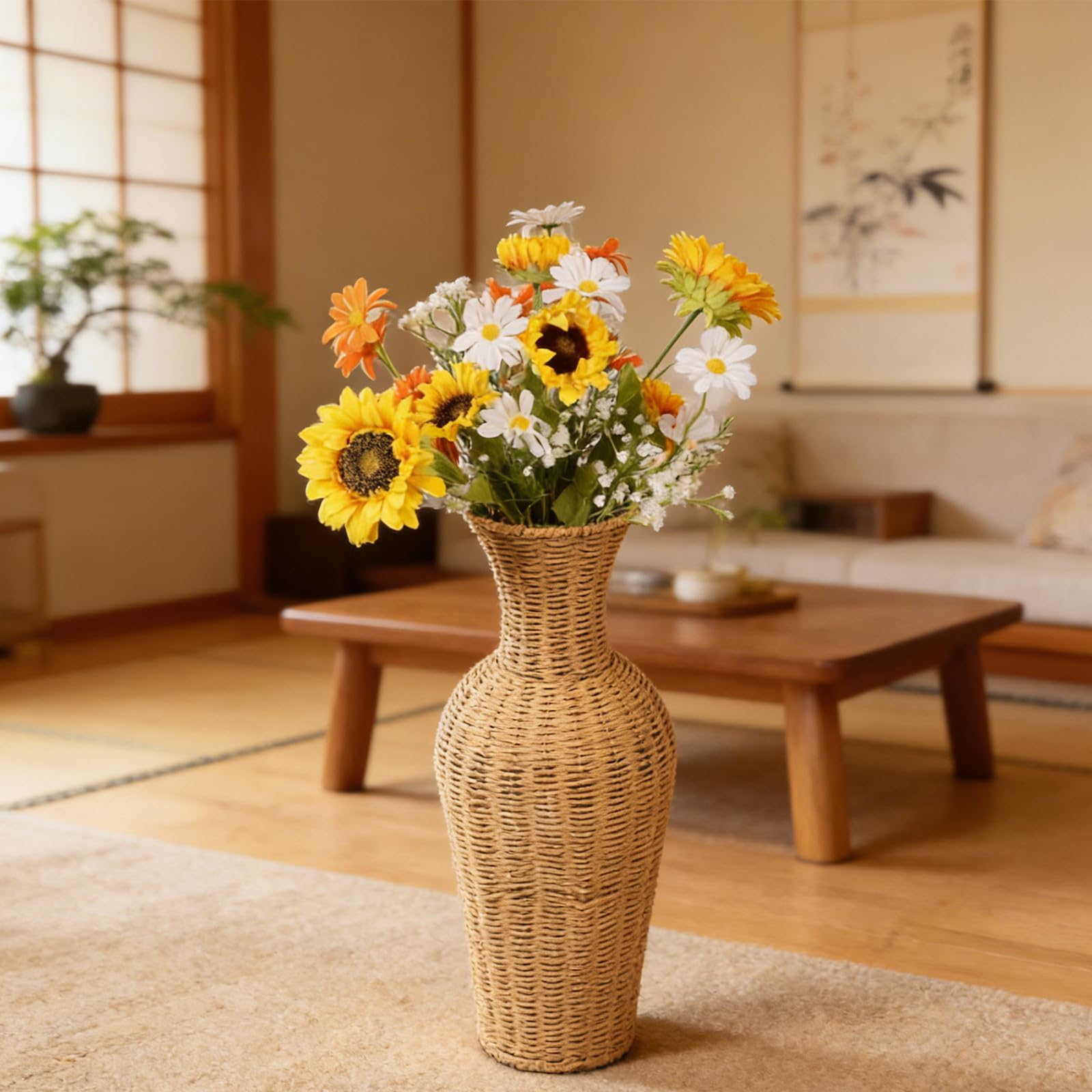 Jarrón de Suelo Alto de Imitación Ratán para Flores Secas y Pampas Decoración Hogar Estilo Campestre Moderno