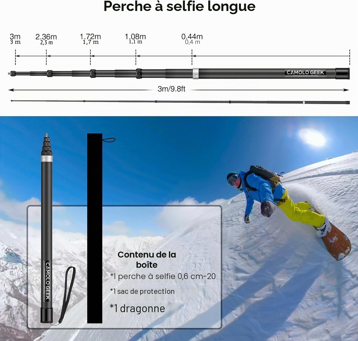 CAMOLOGEEK Perche à Selfie Invisible 3,0m/118 en Fibre de Carbone avec Montage 1/4" pour GoPro Hero 13, 12, 11, 10, 9, 8, DJI Osmo 360 Action 5 Pro 4 3 Insta360 X5, X4, X3